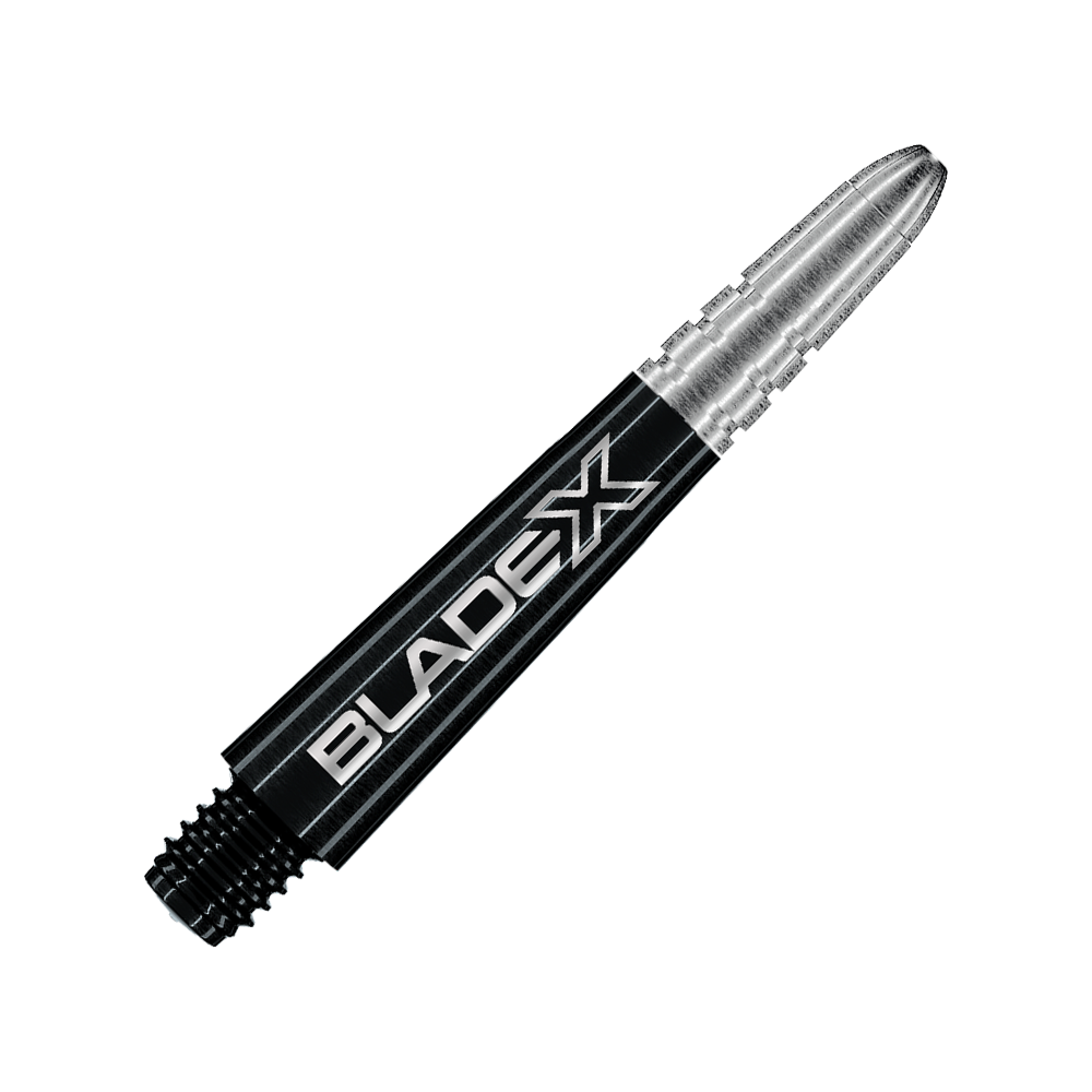 Dargestellt ist ein schwarzer Dartshaft mit dem Namen Winmau Vecta Blade X, 34 mm. Dieses Objekt ist für die Verwendung mit Dartpfeilen gedacht.