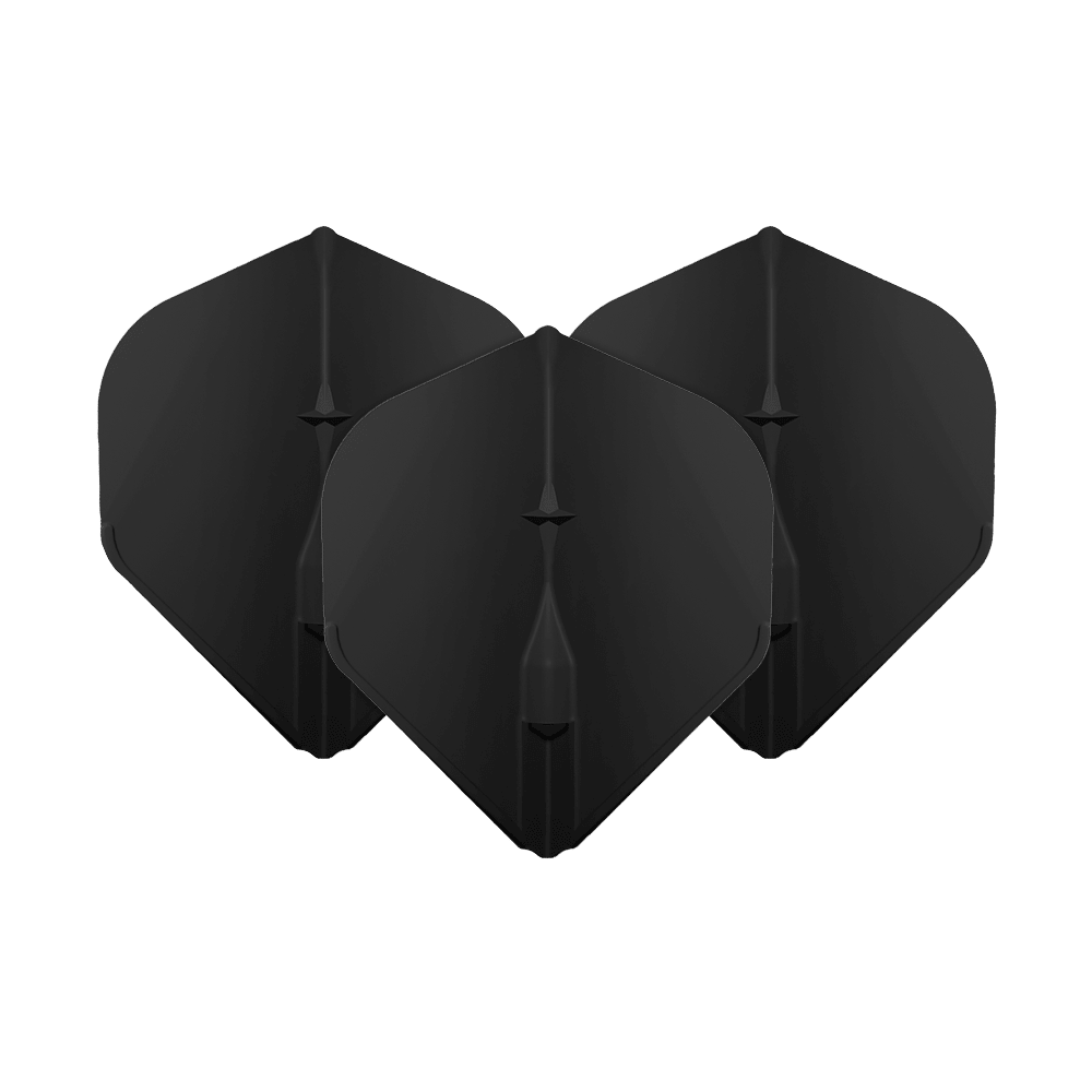 Das Bild zeigt drei schwarze L-Style Champagne L1EZ Standard Flights. Diese Flights sind für Dartpfeile geeignet und haben eine klassische Standardform.