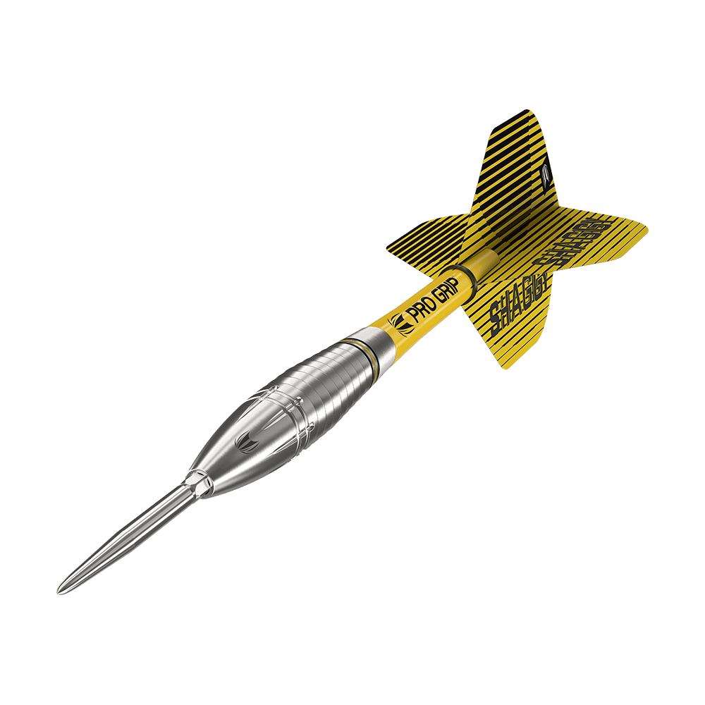 190222_Target_Scott_Williams_GEN1_Swiss_Point_Steeldarts_4 Dies ist ein Target Scott Williams GEN1 Swiss Point Steeldart. Der Dart hat eine silberne Spitze und einen gelb-schwarzen Schaft mit „PRO GRIP“-Aufschrift.