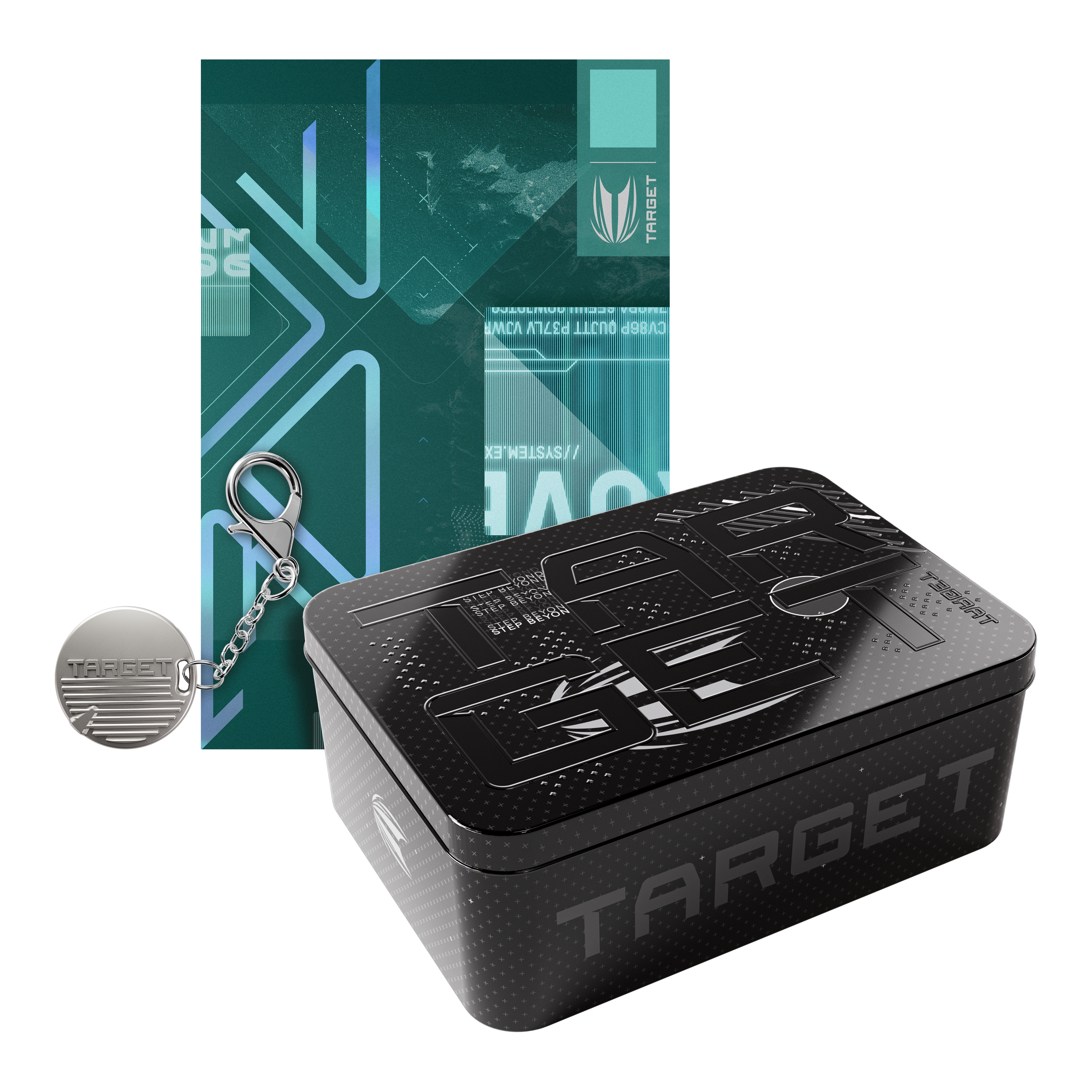 Das Bild zeigt eine schwarze Box mit der Aufschrift "TARGET" und einem modernen Design. Daneben liegen ein Schlüsselanhänger und eine grün-blaue Karte mit geometrischen Mustern.