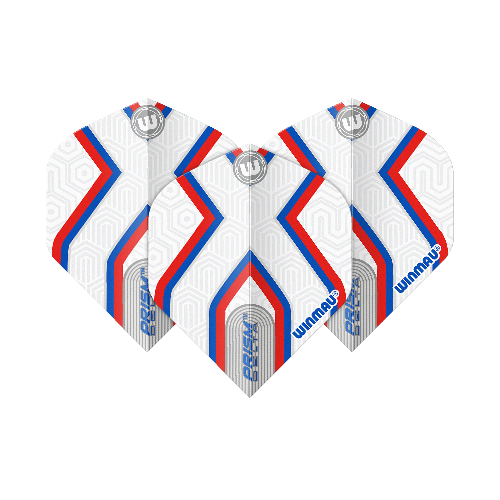 Winmau Prism Delta Epix No2 Standard Flights Das Bild zeigt drei Dartflights des Produkts "Winmau Prism Delta Epix No2 Standard Flights". Die Flights sind weiß mit roten und blauen Streifen sowie geometrischem Muster gestaltet.