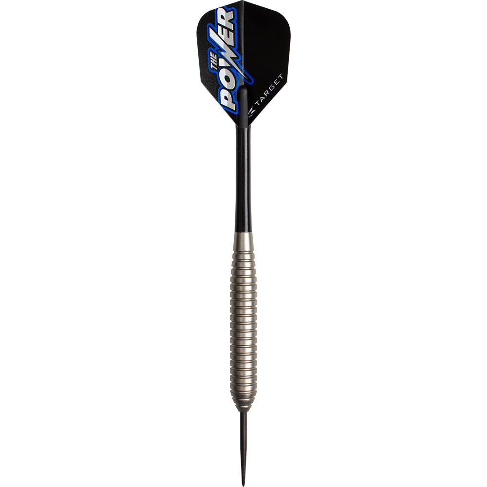 Das Bild zeigt einen Steeldart der Marke Target, Modell "Phil Taylor Power Silverlight Variante 2". Der Dart hat einen silbernen, gerillten Schaft und einen schwarzen Flight mit der Aufschrift "The Power".