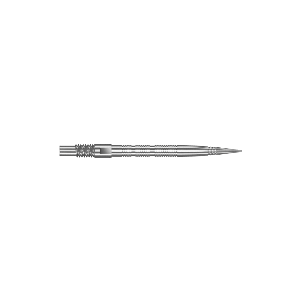 Końcówki do lotek Harrows Quick Point Micro Ridge – srebrne Das Bild zeigt Dartspitzen mit MicroRidge Struktur in Silber mit einer Länge von 26 mm. Die Dartspitzen sind nebeneinander angeordnet.