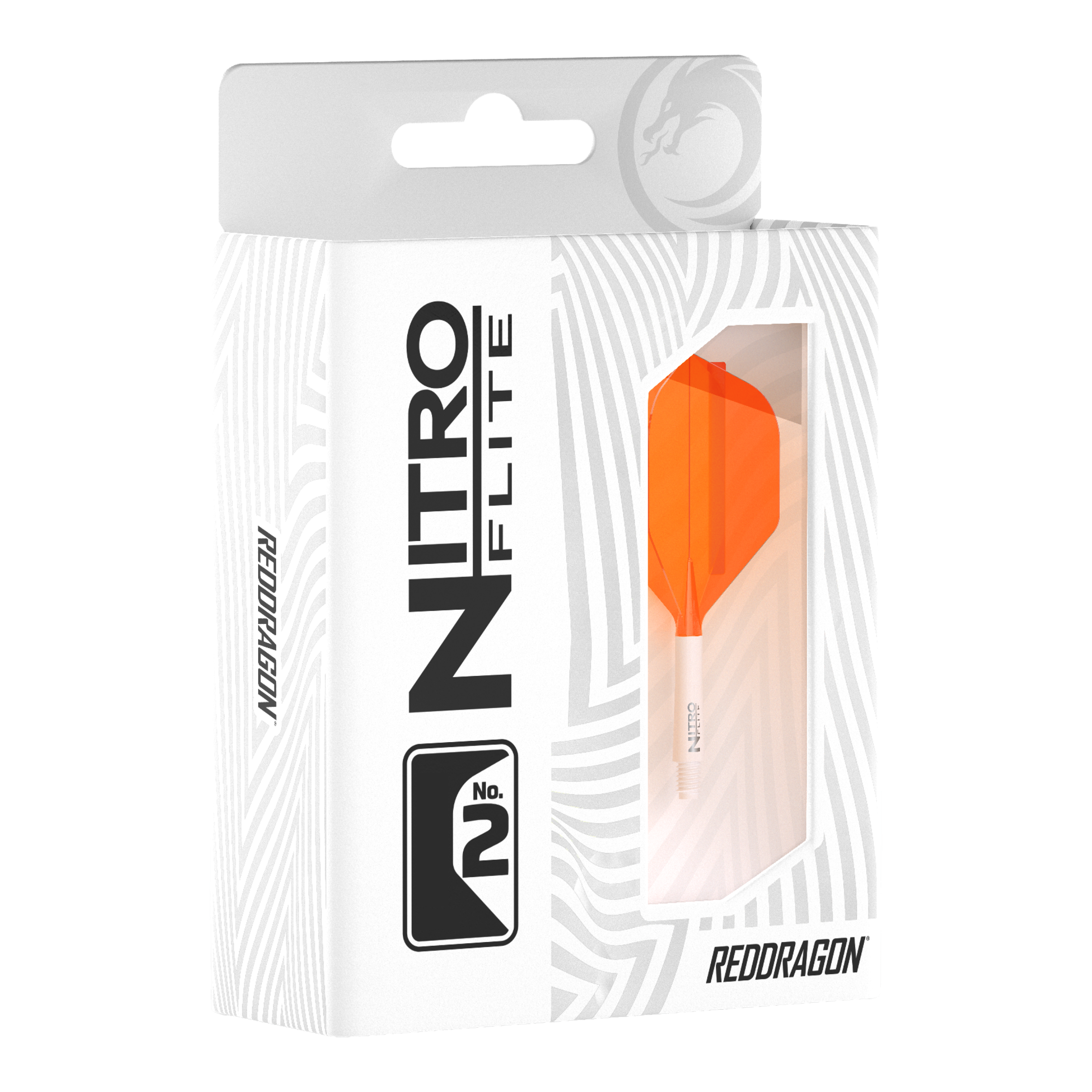 Zu sehen ist das Produkt Red Dragon Nitroflite White Shaft Orange Flights No2. Es besteht aus einem weißen Schaft und orangen Flights.