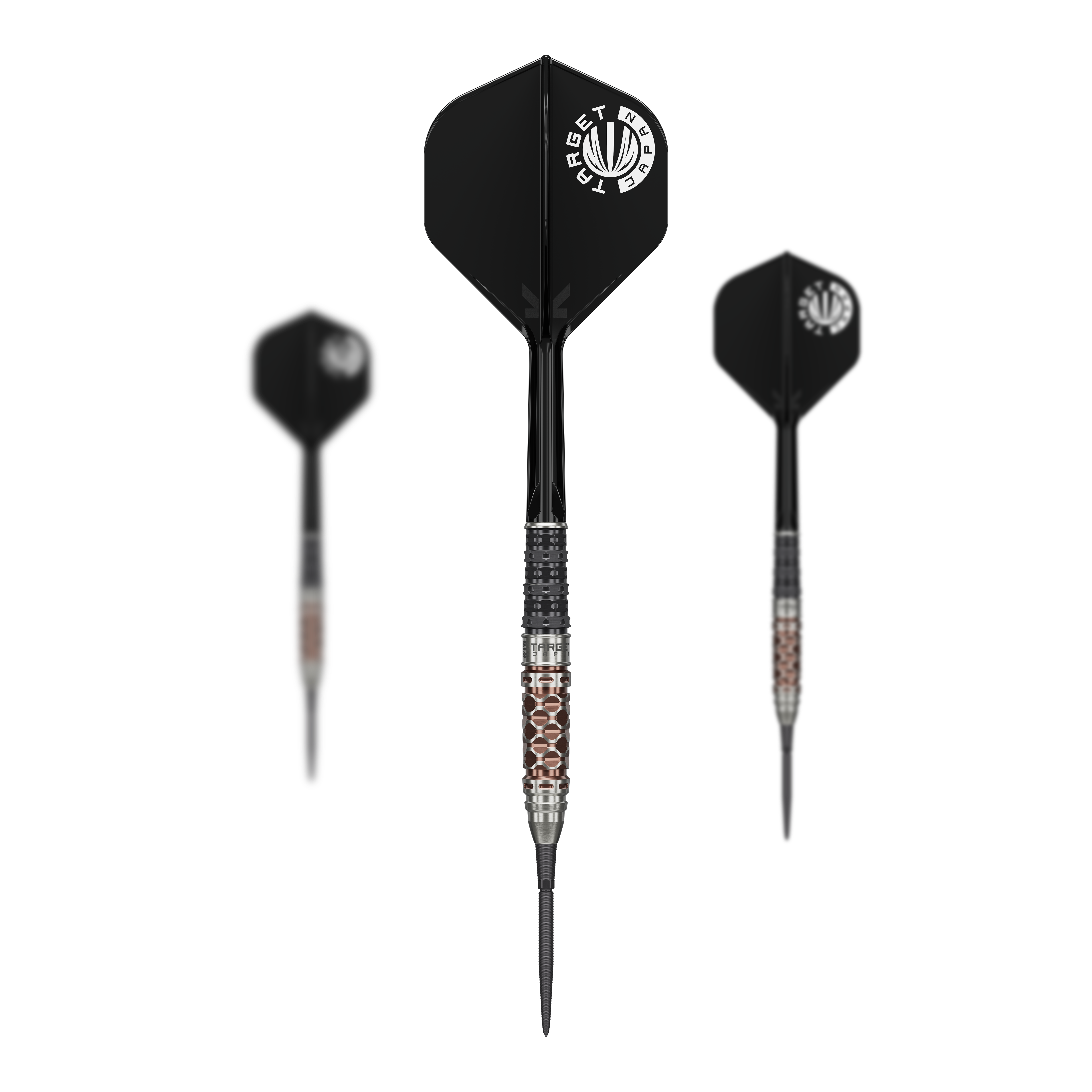 Lotki stalowe Charis GEN6 Swiss Point firmy Target Japan – 23 g Dieses Bild präsentiert das Set der Target Japan Charis GEN6 Swiss Point Steeldarts - 23g. Es zeigt alle enthaltenen Darts in einer Übersicht.