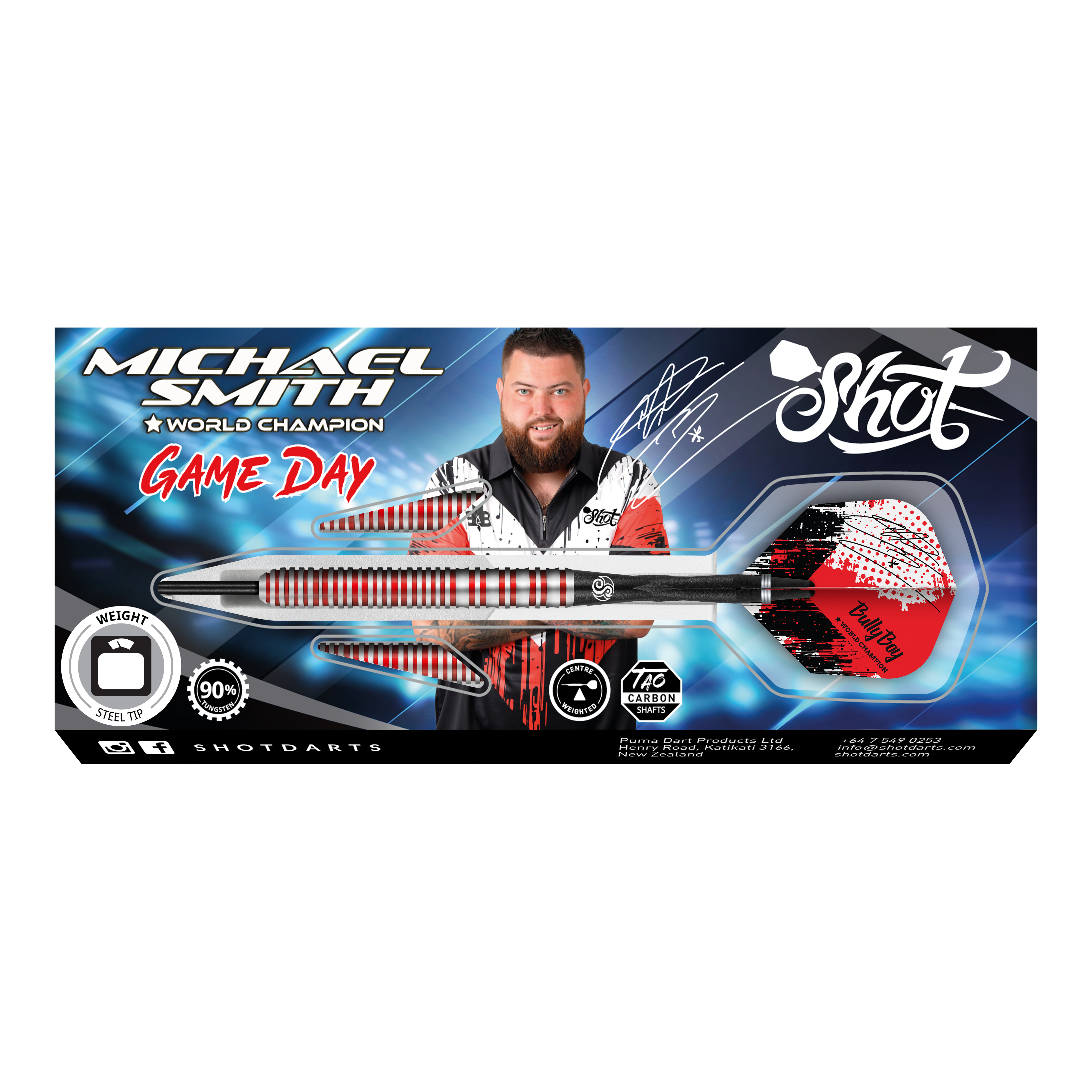 Das Bild zeigt die Verpackung der "Shot Michael Smith Bully Boy Game Day Steeldarts". Auf der Verpackung ist der Dartspieler Michael Smith abgebildet sowie ein Dartpfeil mit auffälligem Design.