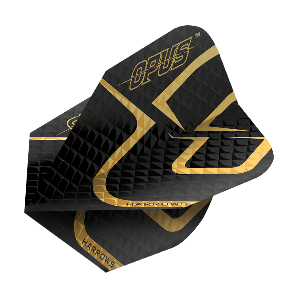 Opus Harrowa Wersja 2 Loty Das Bild zeigt das Produkt "Harrows Opus Version 2 Flights". Die Flights sind überwiegend schwarz mit goldenen Akzenten und Aufschrift.