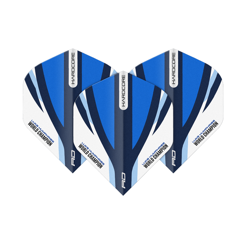 Das Bild zeigt drei Dartflights in Blau, Weiß und Schwarz mit der Aufschrift „HARDCORE“ und „Luke Humphries World Champion“. Es handelt sich um das Produkt „Red Dragon Hardcore Luke Humphries Blue White Standard Flights“.