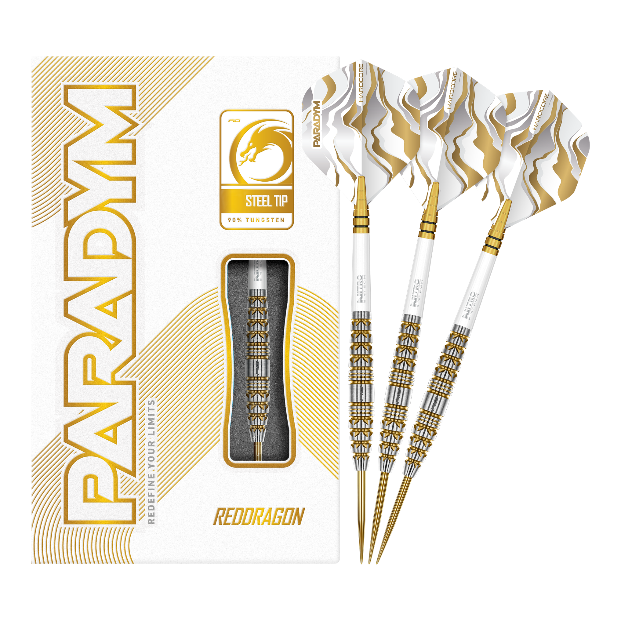 Rzutki stalowe Red Dragon Paradym Gold Torpedo Das Bild zeigt die Red Dragon Paradym Gold Torpedo Steeldarts in vollständiger Ansicht. Es sind elegante Steeldarts mit goldener Oberfläche.