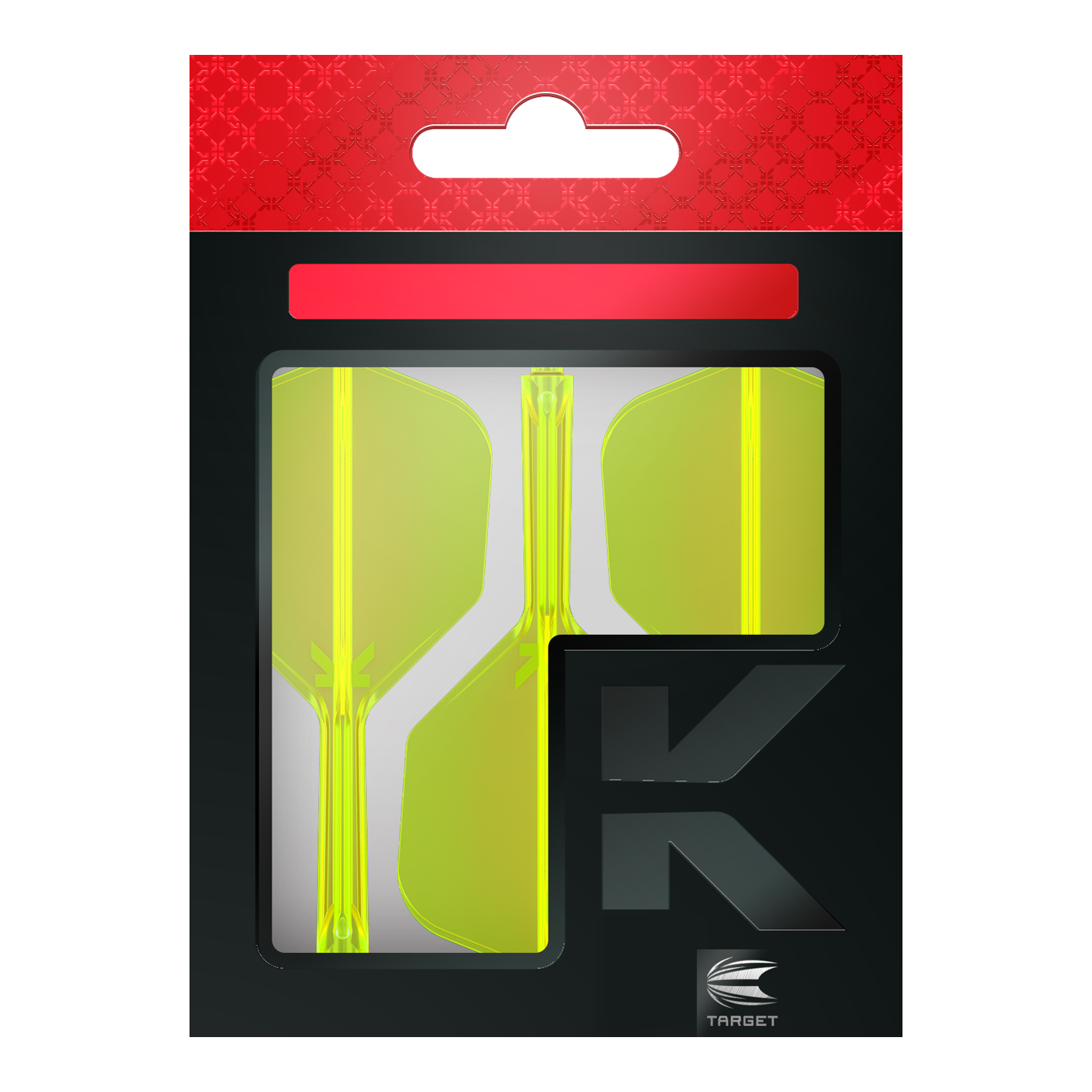 System lotu Target K-Flex No6 – neonowożółty Die Abbildung zeigt eine Verpackung mit neon-gelben Dartflights. Die Verpackung ist überwiegend schwarz mit einem roten Bereich oben und dem Logo „TARGET“ unten rechts.