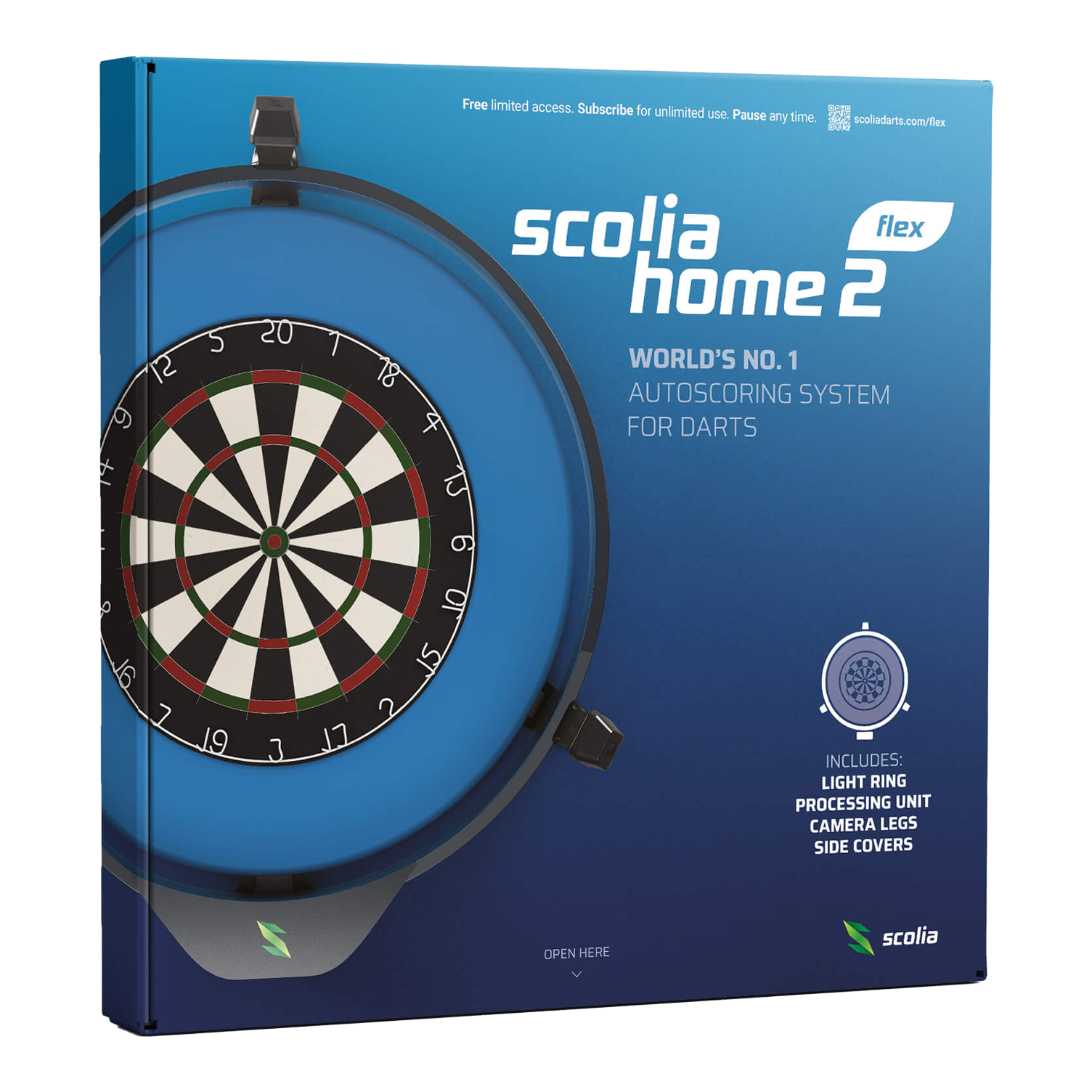 Die Verpackung zeigt das Produkt "Scolia Home 2 FLEX", ein elektronisches Punktesystem für Darts mit Beleuchtungsring. Auf der Vorderseite sind eine Abbildung eines Dartboards und Informationen zu den enthaltenen Komponenten zu sehen.