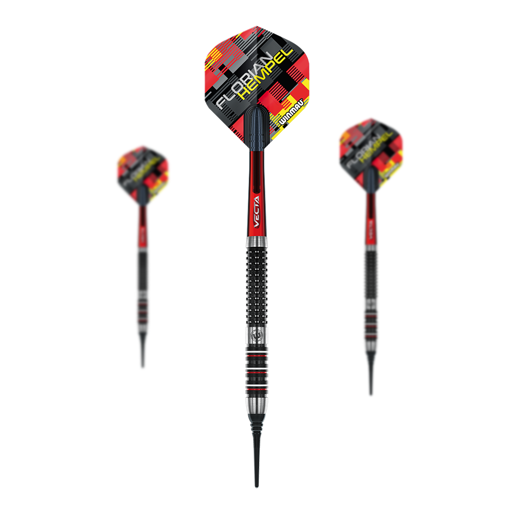 Miękkie rzutki Winmau Florian Hempel - 21g Das Bild zeigt drei Winmau Florian Hempel Softdarts mit einem Gewicht von 21g. Die Darts haben rote, schwarze und silberne Details sowie ein auffälliges Flights-Design.