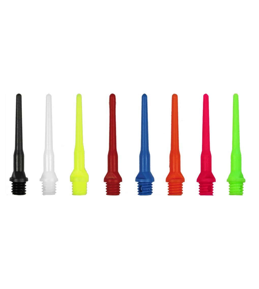820_835520b7edc33223 Das Bild zeigt verschiedene bunte Tuflex Spitzen in einer Reihe. Jede Spitze hat eine andere Farbe und sie sind alle aus Kunststoff gefertigt.