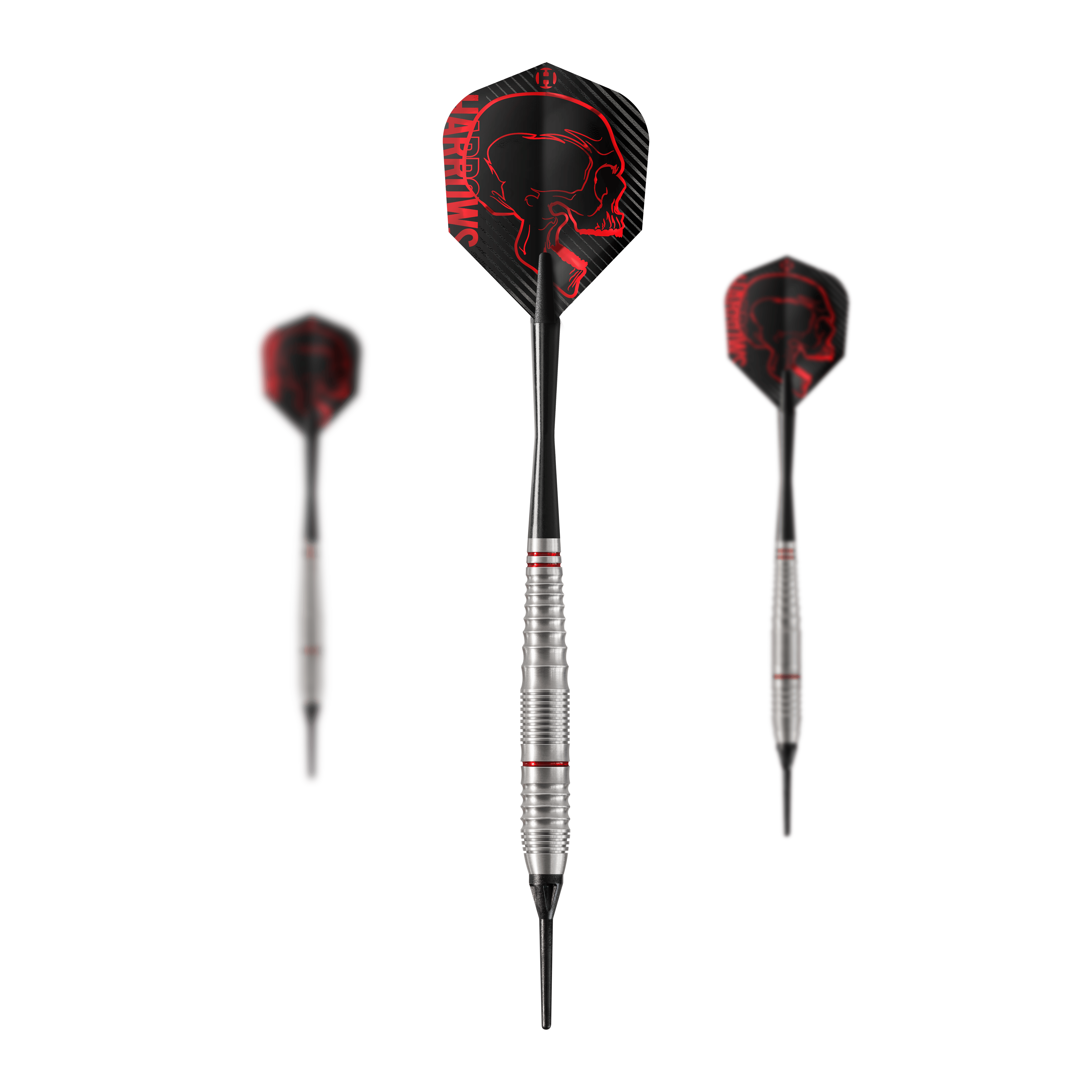 Harrows Rage Softdarts Das Bild zeigt drei Harrows Rage Softdarts mit silbernen Schäften und roten Akzenten. Die Flights sind schwarz mit einem roten Totenkopf-Design und dem Schriftzug "Harrows".