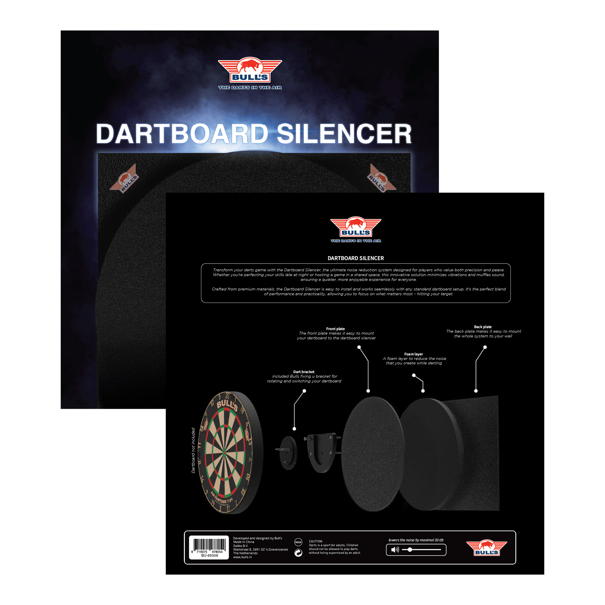 Tłumik tarczy do darta Bulls NL Das Bild zeigt das Produkt "Bulls NL Dartboard Silencer" in seiner Verpackung. Auf der Rückseite ist eine Grafik abgebildet, die die einzelnen Komponenten und deren Funktionen erklärt.
