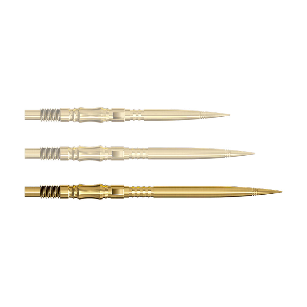Końcówki do lotek Harrows Quick Point Axis Elite Series – złote Eine einzelne Dartspitze in Gold ist von nahe gezeigt. Die Spitze ist nach rechts ausgerichtet.