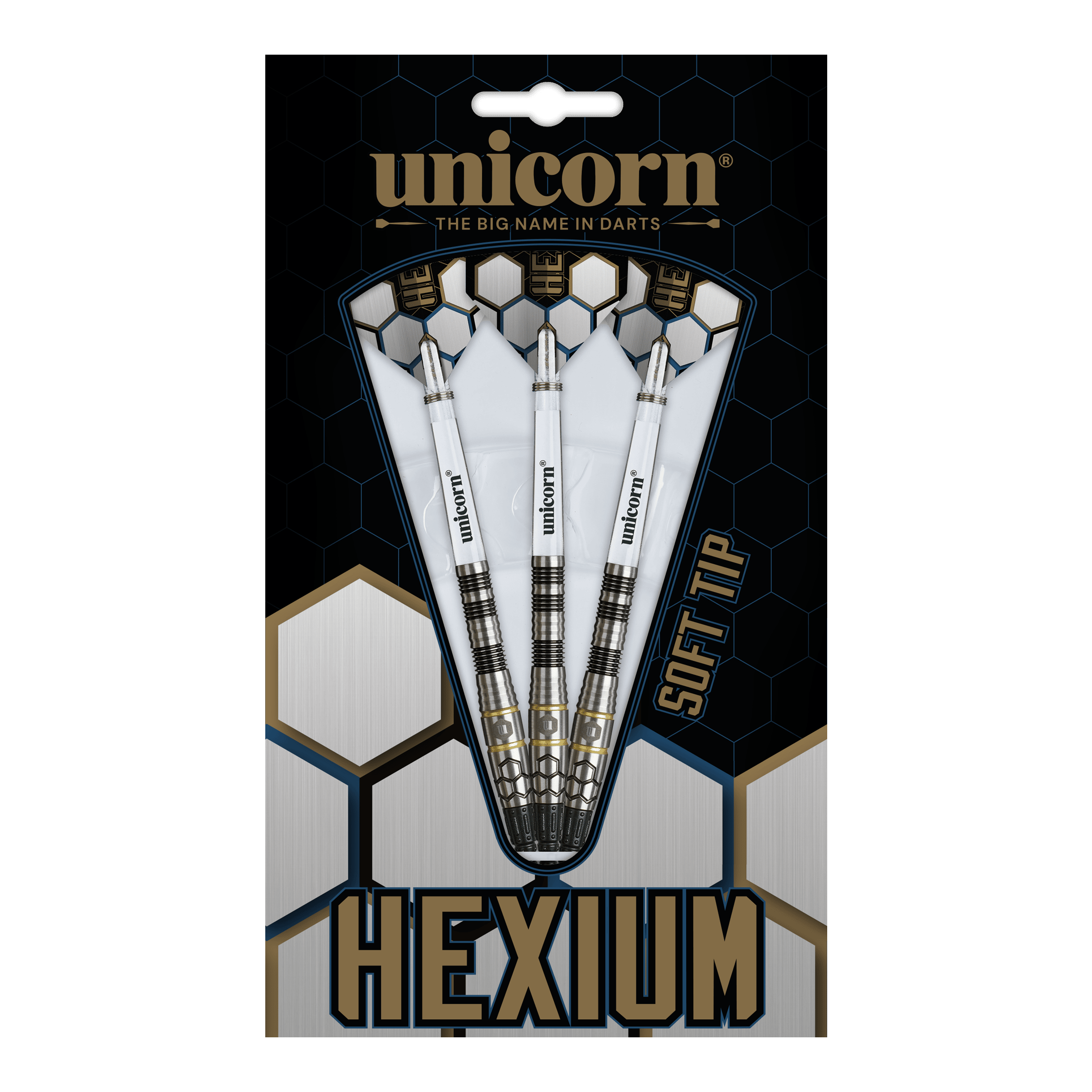 Unicorn Hexium Style 01 Czarno-złote miękkie lotki - 22 g Abgebildet sind Unicorn Hexium Style 01 Black & Gold Softdarts mit 22 Gramm. Diese Softdarts haben ein auffälliges Schwarz-Gold-Design.