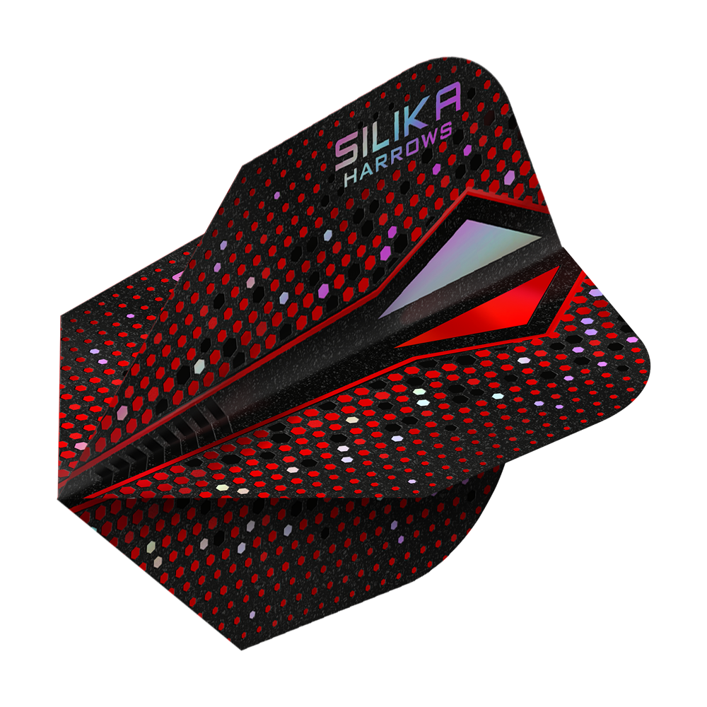 Powłoka krystaliczna Harrows Silika Colourshift Tough Crystalline Coating Red-X No6 Flights Das Bild zeigt das Produkt "Harrows Silika Colourshift Tough Crystalline Coating Red-X No6 Flights". Die Dart-Flights sind überwiegend schwarz mit roten und bunten Punkten und haben einen modernen, glänzenden Look.