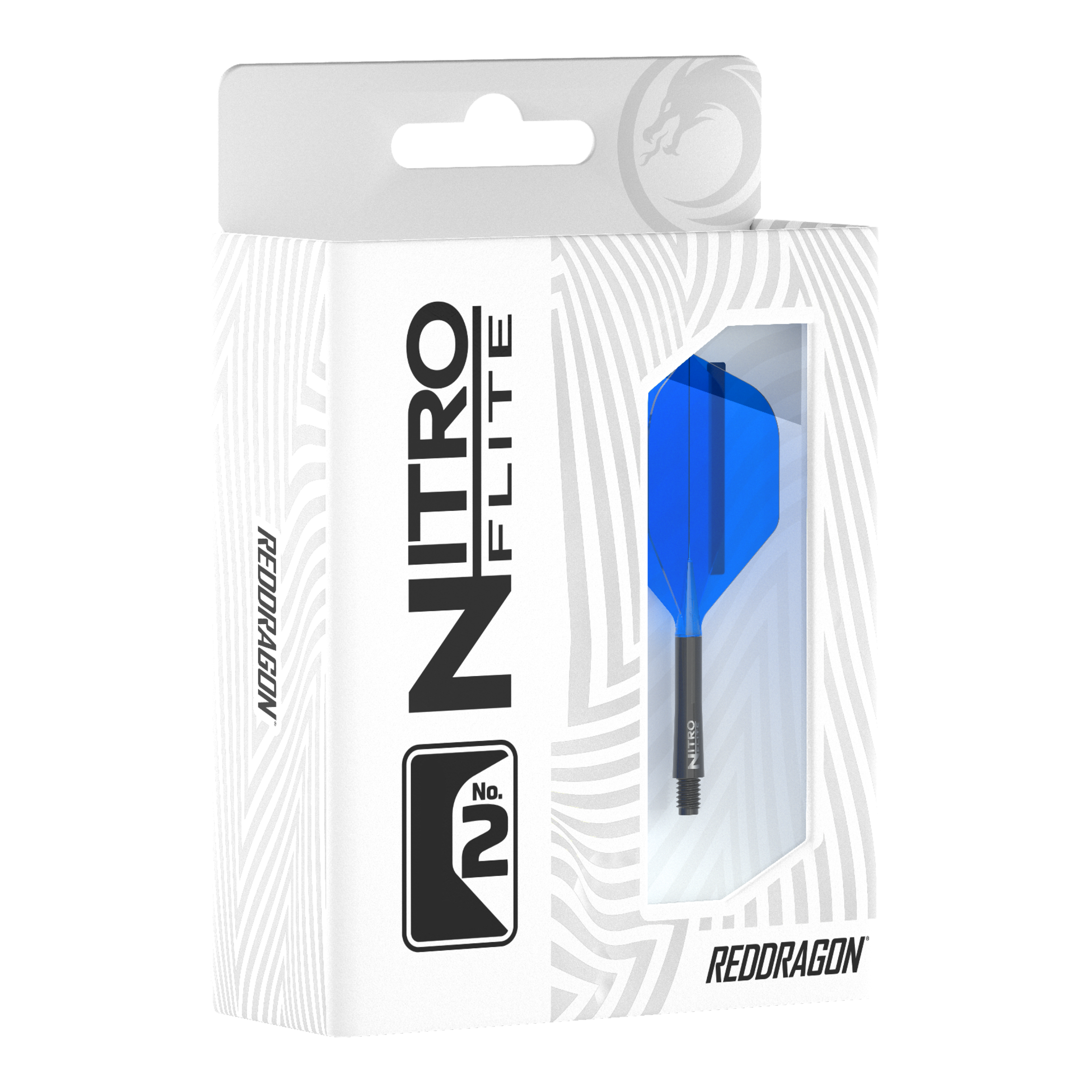 Red Dragon Nitroflite - Czarny trzonek niebieski nr 2 Loty Die Verpackung zeigt das Produkt "Red Dragon Nitroflite - Black Shaft Blue No2 Flights". Im Sichtfenster ist ein blauer Dart-Flügel mit schwarzem Schaft zu sehen.