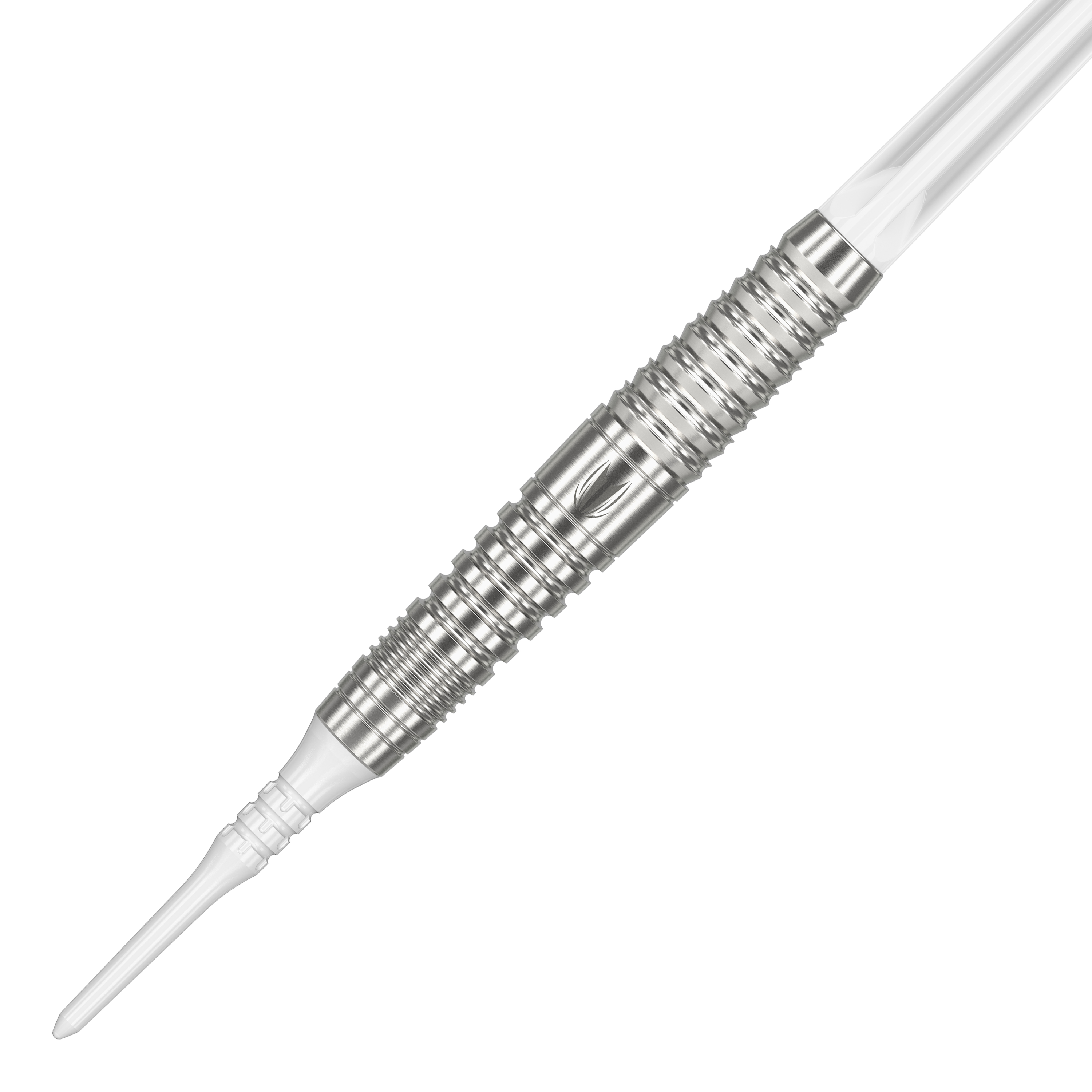 Target Japan Crux Courage Soft Darts - 19g Das Bild zeigt einen silbernen Softdart aus der Serie 'Target Japan Crux Courage' mit einem Gewicht von 19 Gramm. Der Dart hat eine strukturierte Griffzone und eine weiße Kunststoffspitze.