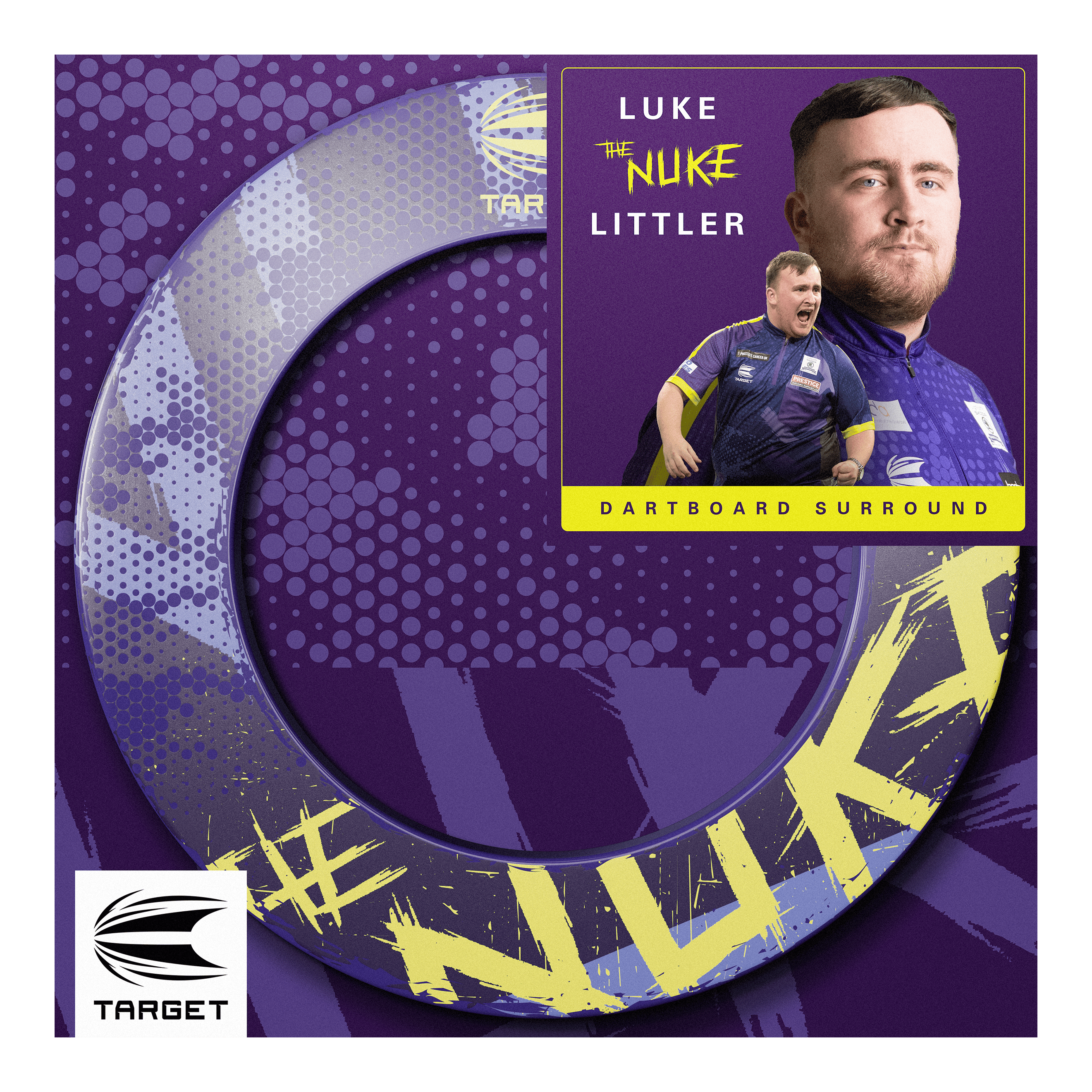 Target Luke Littler The Nuke Dartboard Surround Das Bild zeigt das Produkt "Target Luke Littler The Nuke Dartboard Surround" in lila und gelben Farben. Auf der Verpackung sind Fotos von Luke Littler sowie das Target-Logo abgebildet.