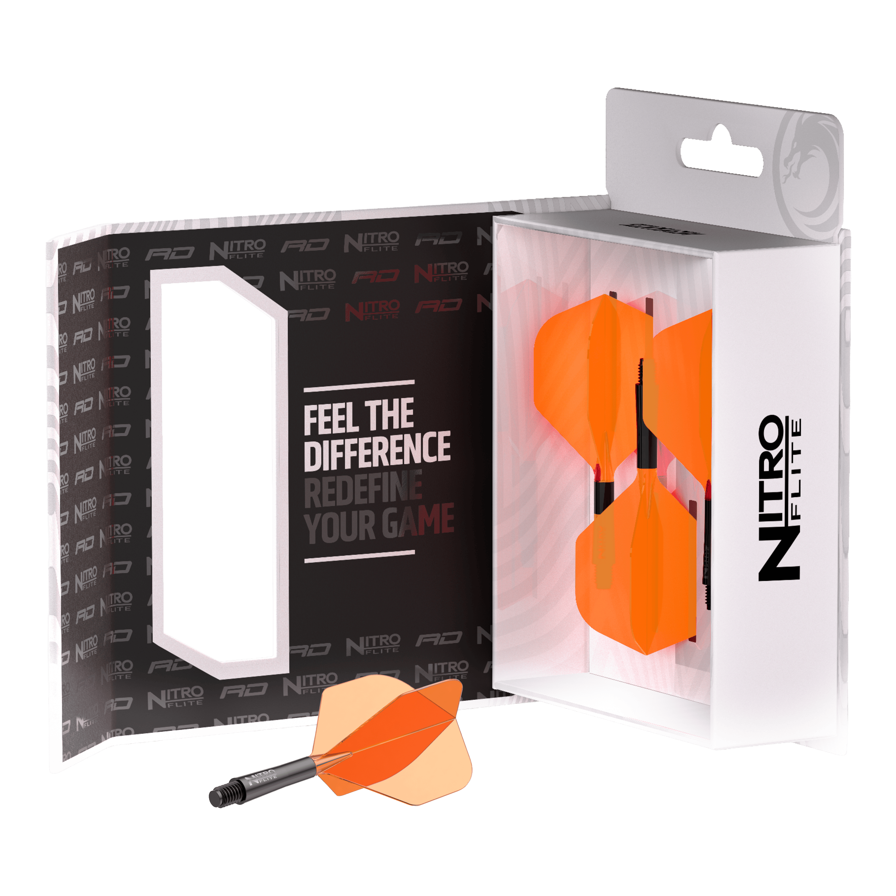 Red Dragon Nitroflite Czarny trzonek Pomarańczowe lotki nr 2 Dieses Bild zeigt den Red Dragon Nitroflite Black Shaft Orange Flights No2. Der Dart-Schaft hat schwarze und orange Details.
