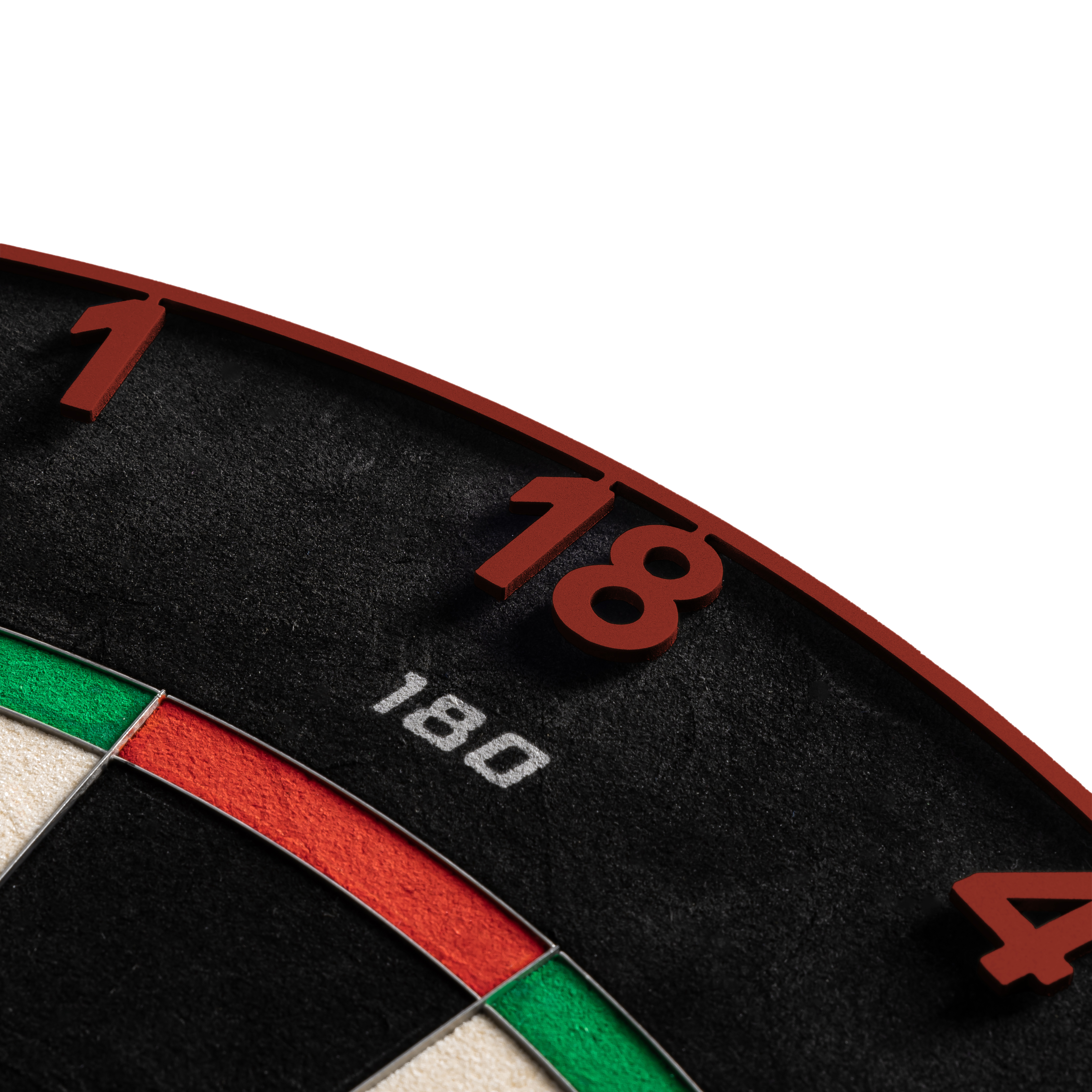 Gezeigt wird das Precise 180 Endorphine Steeldartboard mit Nummernring in Faded Red. Das Bild beschreibt das Produkt für den Dartbereich.