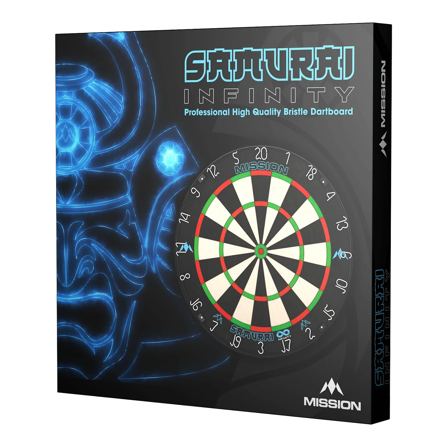 Tarcza do darta Mission Samurai Infinity ze stali Auf dem Bild ist die Verpackung des "Mission Samurai Infinity Steeldartboard" zu sehen. Die Box zeigt eine Abbildung eines Dartboards und ein leuchtendes Samurai-Motiv im Hintergrund.