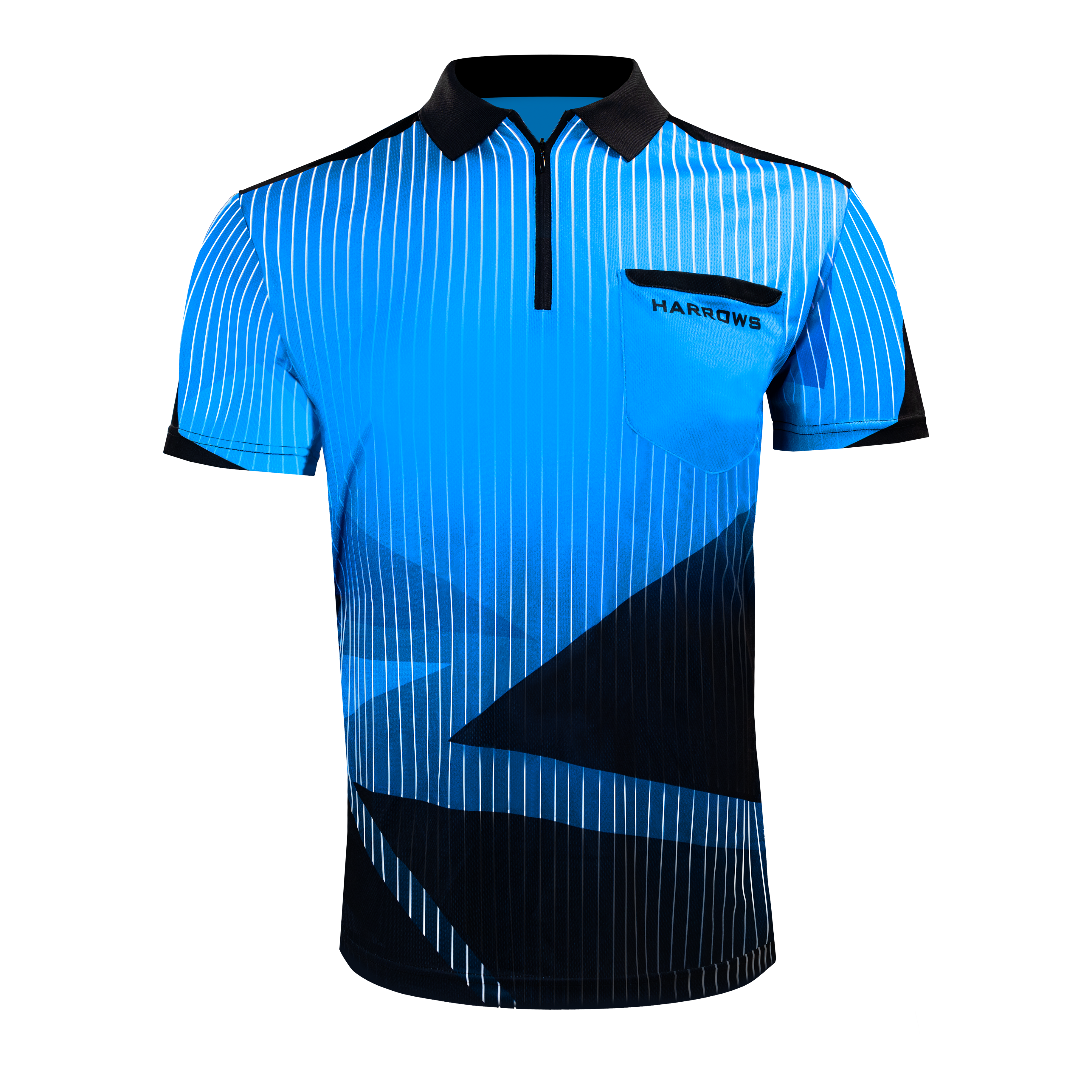 Harrows Shard Dartshirt - Blau Das Bild zeigt ein blaues Dartshirt mit schwarzen und weißen Akzenten. Auf der Brusttasche steht das Wort "Harrows".