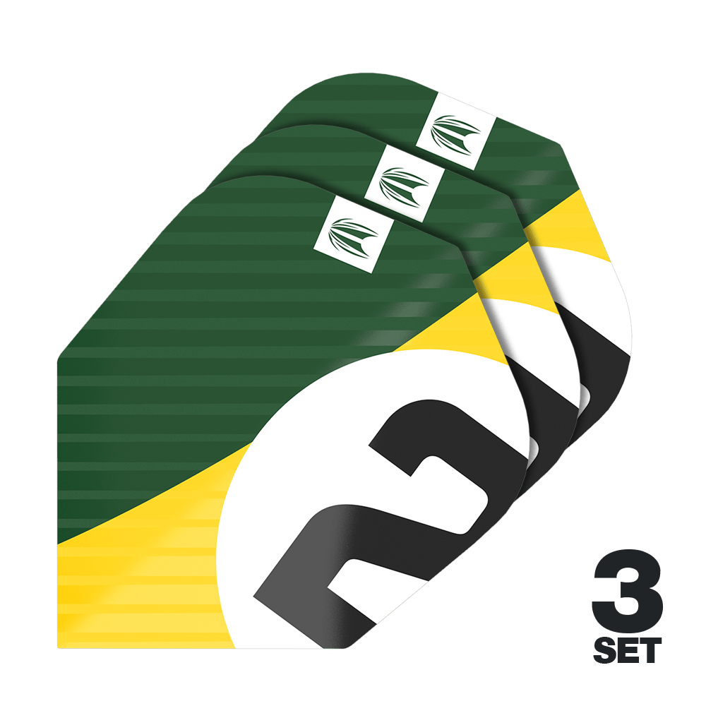 Lotki Target Pro Ultra Chicane Green No6 - 3 zestawy Das Bild zeigt drei Sätze der Target Pro Ultra Chicane Green No6 Flights. Die Flights sind in den Farben Grün, Gelb, Weiß und Schwarz gestaltet.