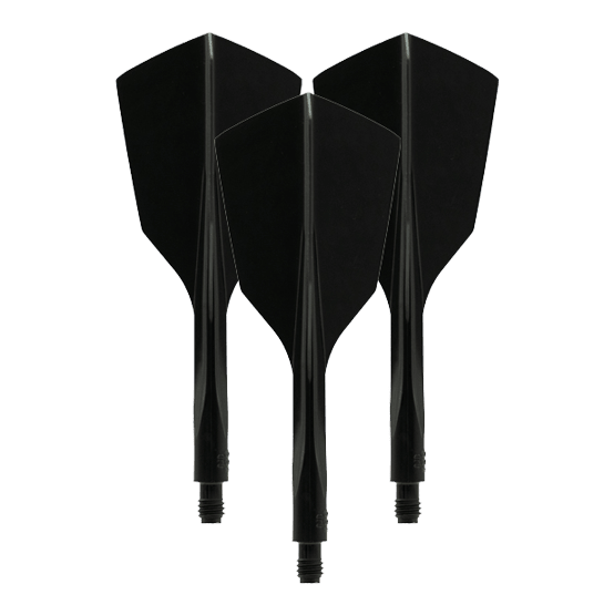 System lotu Condor AX 120 w kolorze czarnym - wąski Das Bild zeigt drei schwarze, schmale Dartflights des Modells "Condor Axe 120 Flight-System". Sie sind nebeneinander mit der Spitze nach unten ausgerichtet.