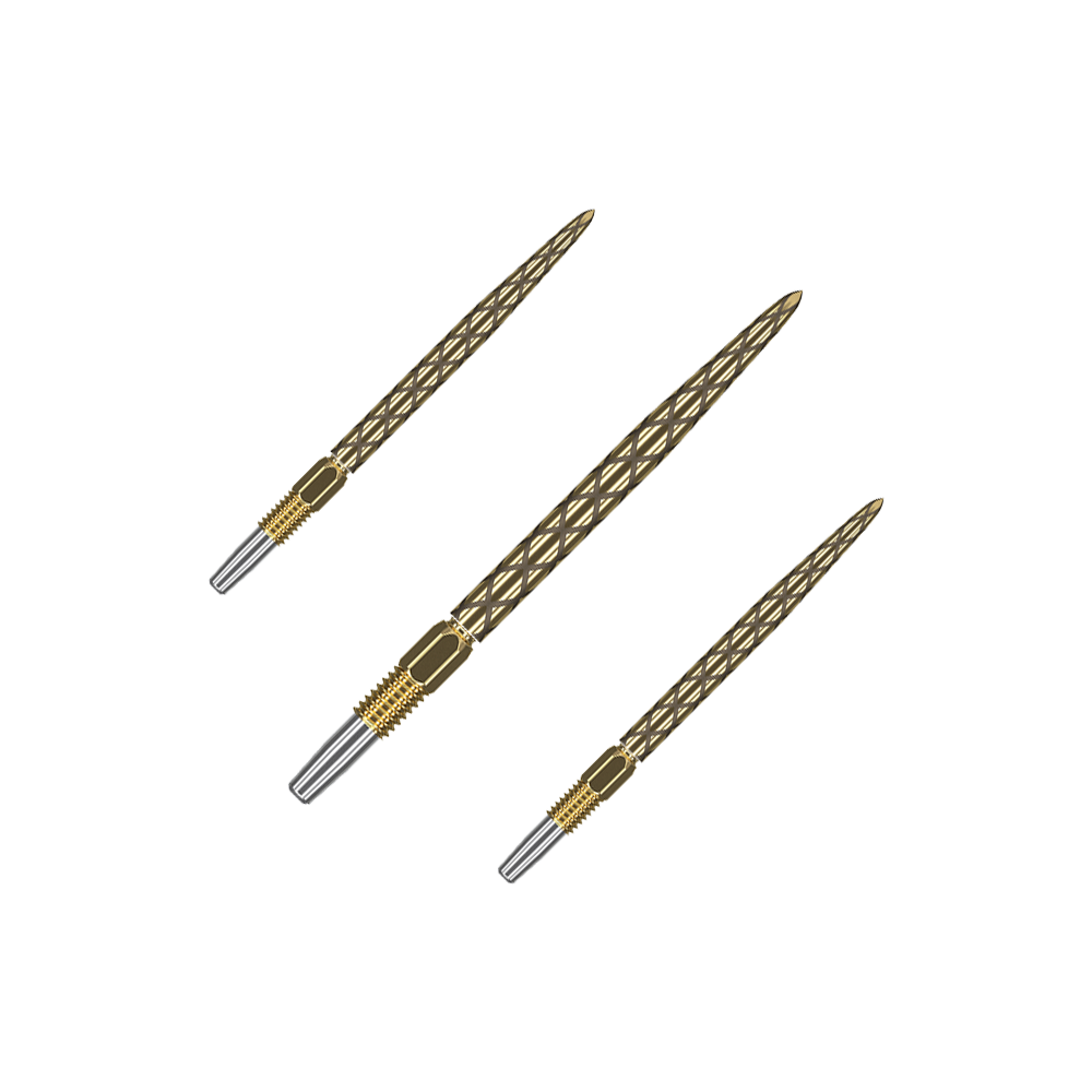 Końcówki do lotek Target Swiss Diamond Pro Gold Das Bild zeigt drei goldfarbene Dartspitzen mit einem rautenförmigen Muster. Sie liegen nebeneinander auf einem grünen Hintergrund.