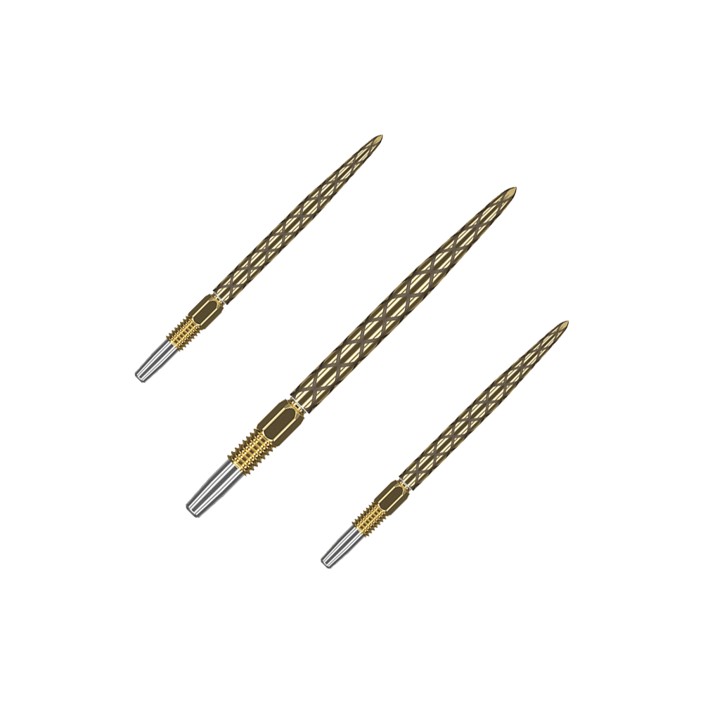 Końcówki do lotek Target Swiss Diamond Pro Gold Goldene Dartspitzen mit matter Struktur liegen nebeneinander. Das Set ist auf einem hellen Hintergrund platziert.