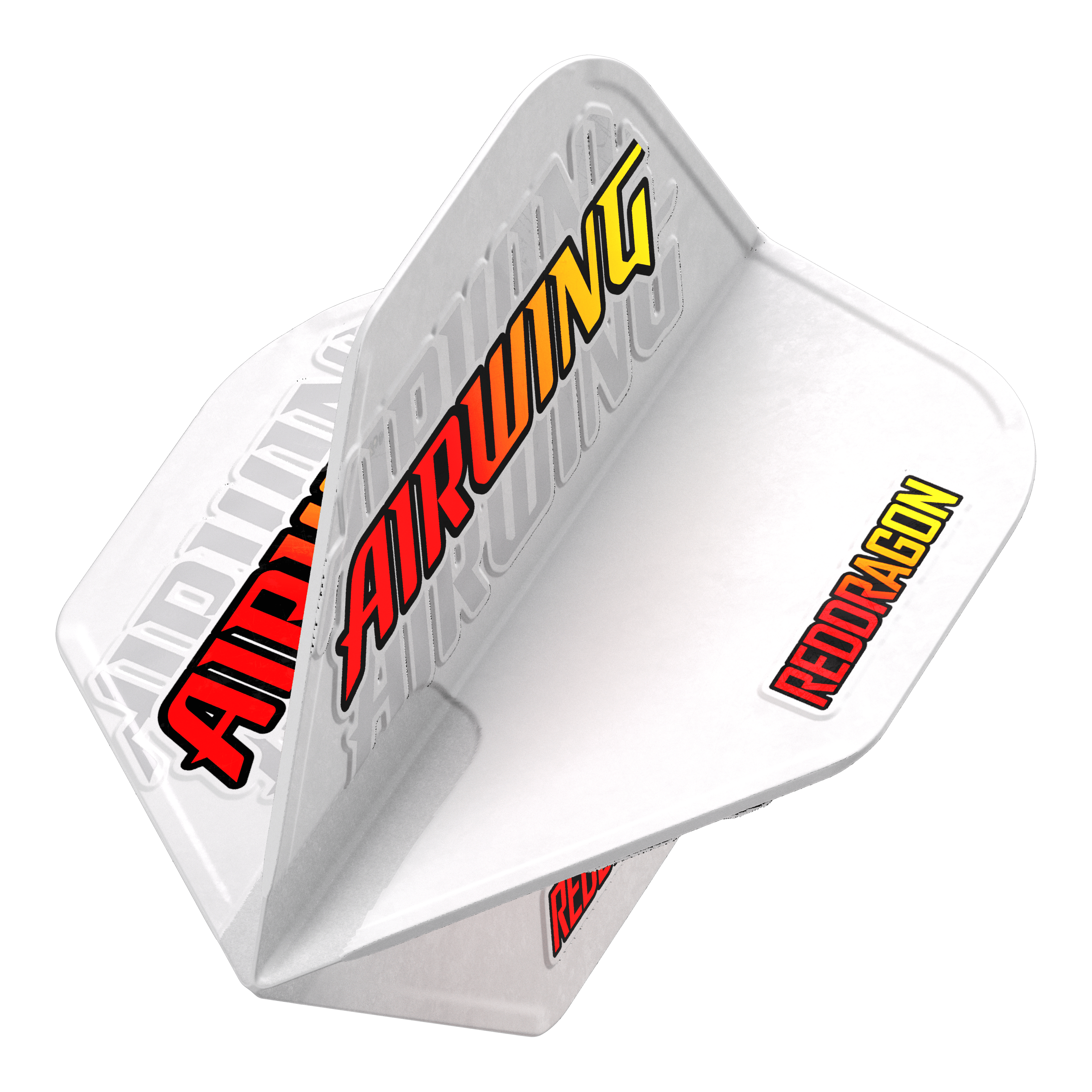 Red Dragon Airwing Czerwone Logo Standardowe Loty Das Bild zeigt das Produkt "Red Dragon Airwing Red Logo Standard Flights" für Darts. Die Flights sind weiß mit den auffälligen Schriftzügen "AIRWING" und "REDDRAGON" in rot und gelb.