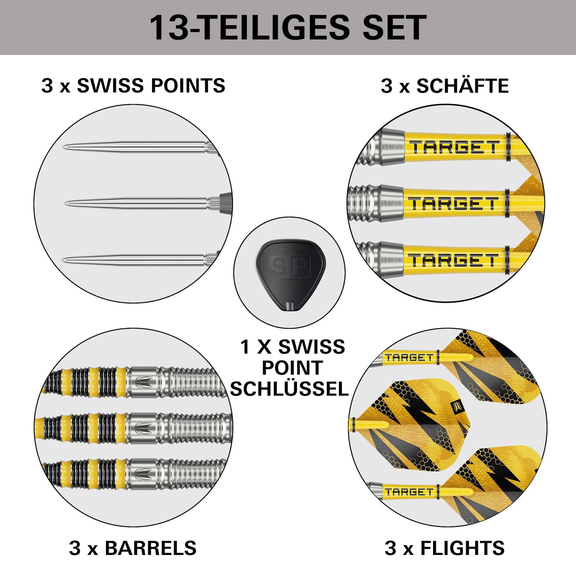 Stalowe lotki Target Buzz 03 Swiss Points Auf diesem Bild sieht man die Target Buzz 03 Swiss Points Steeldarts. Sie sind für ambitionierte Dartspieler geeignet.