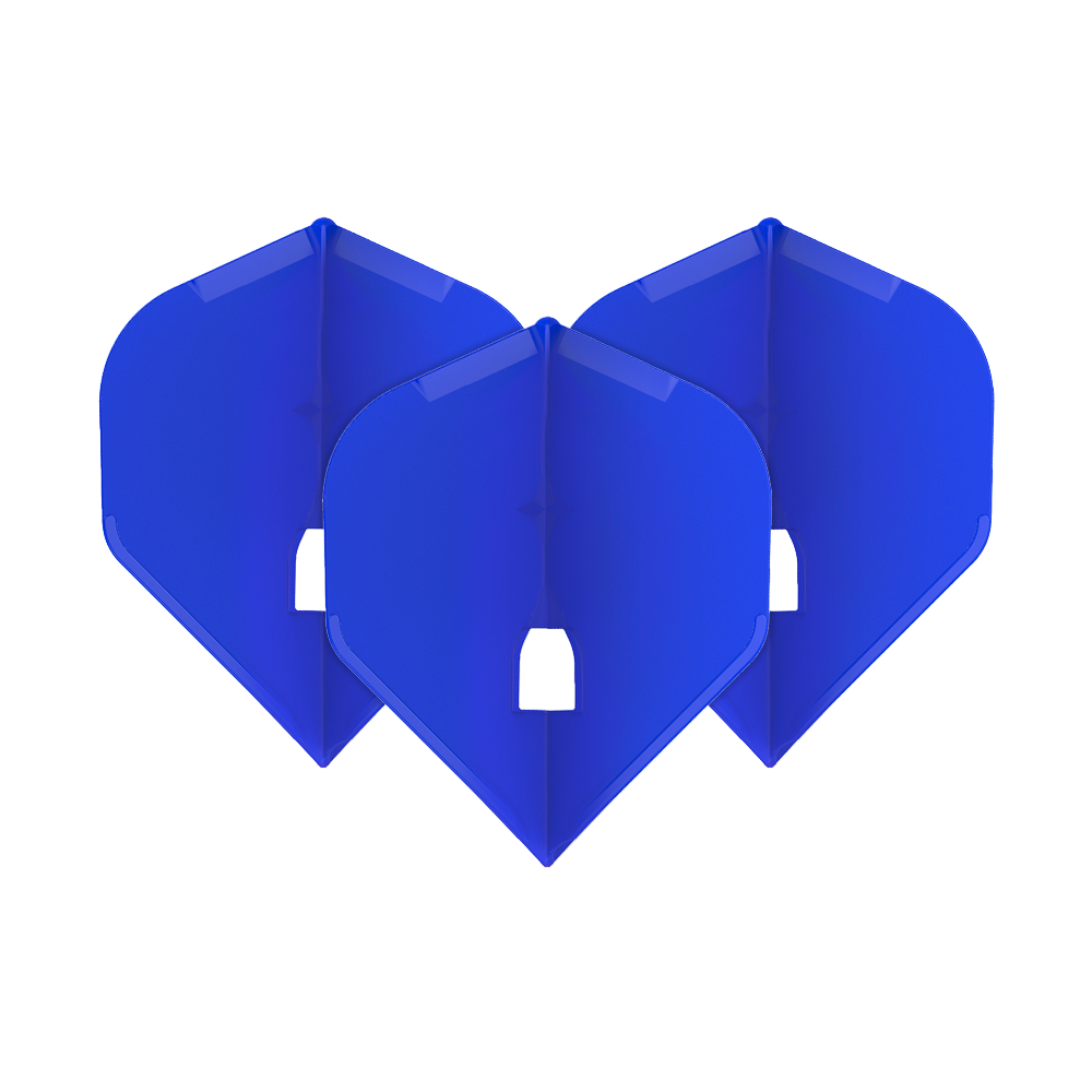 Auf dem Bild sind drei blaue Dart-Flights zu sehen. Sie stehen aufrecht nebeneinander und sind identisch in Form und Farbe.