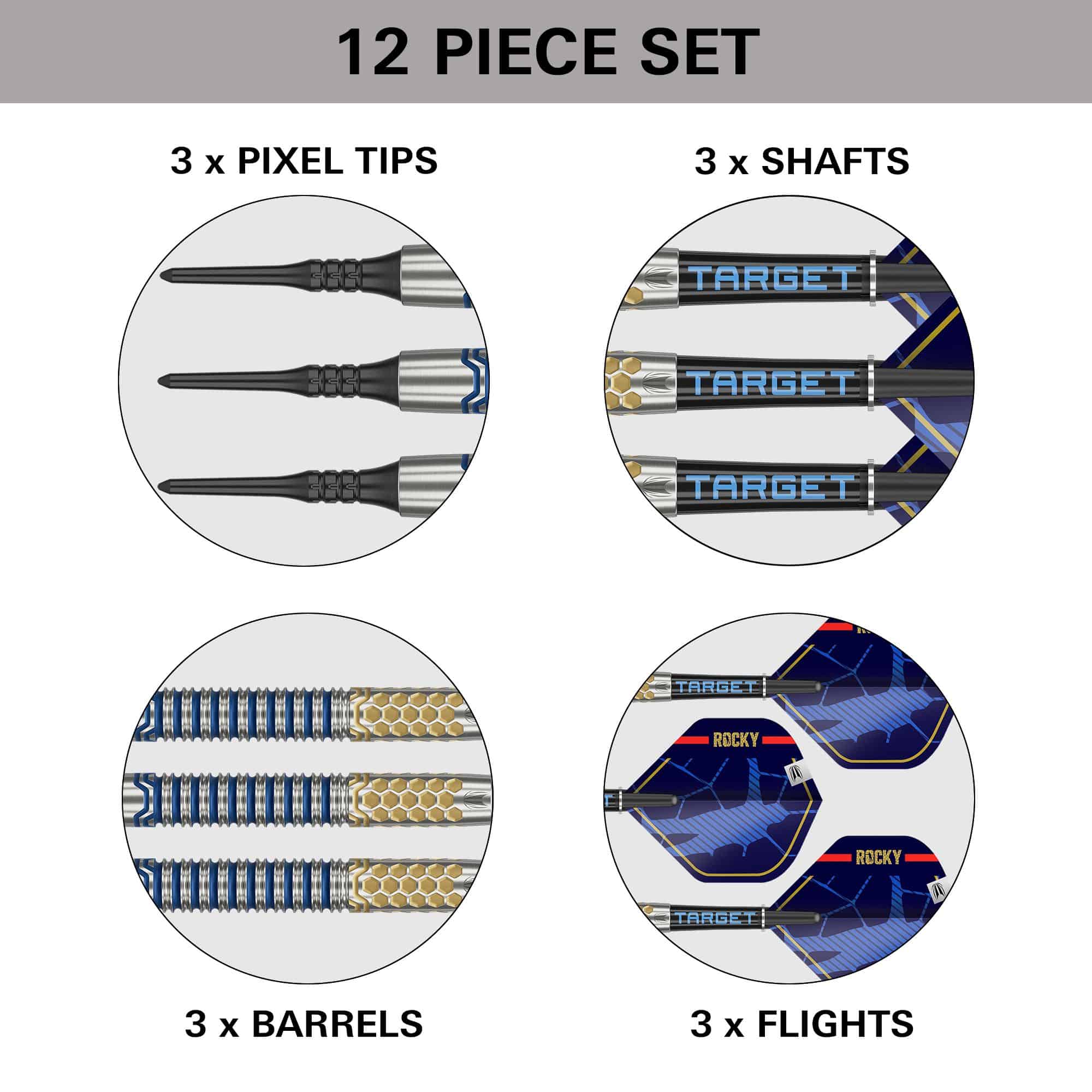Target Josh Rock GEN1 Miękkie lotki - 20g Dieses Bild zeigt das Produkt "Target Josh Rock GEN1 Softdarts - 20g" als 12-teiliges Set. Es enthält 3 Pixel-Spitzen, 3 Schäfte, 3 Barrels und 3 Flights.