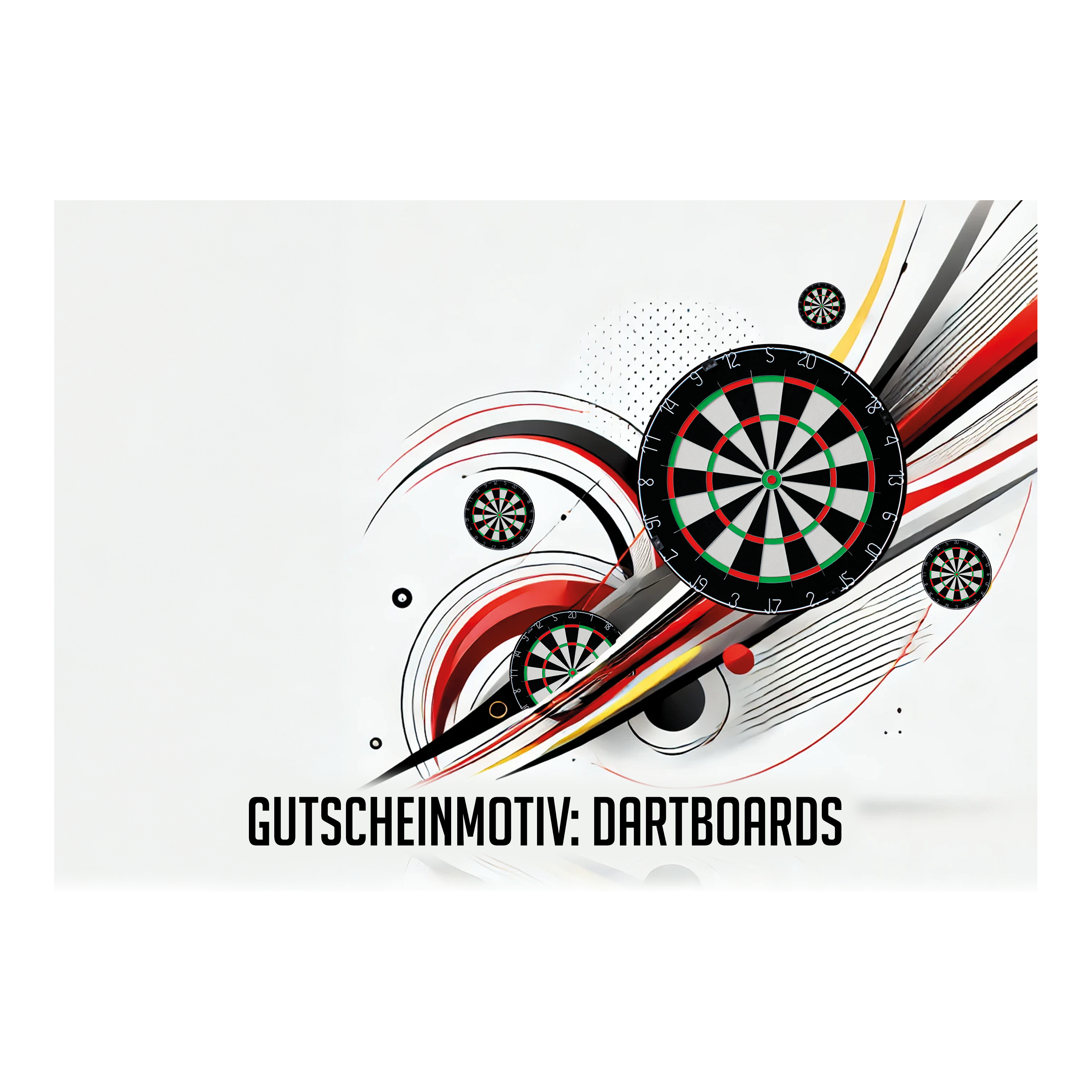 Voucher - Tarcze do darta Das Bild zeigt mehrere stilisierte Dartboards mit dynamischen Linien und Kreisen im Hintergrund. Unten steht der Text "GUTSCHEINMOTIV: DARTBOARDS".
