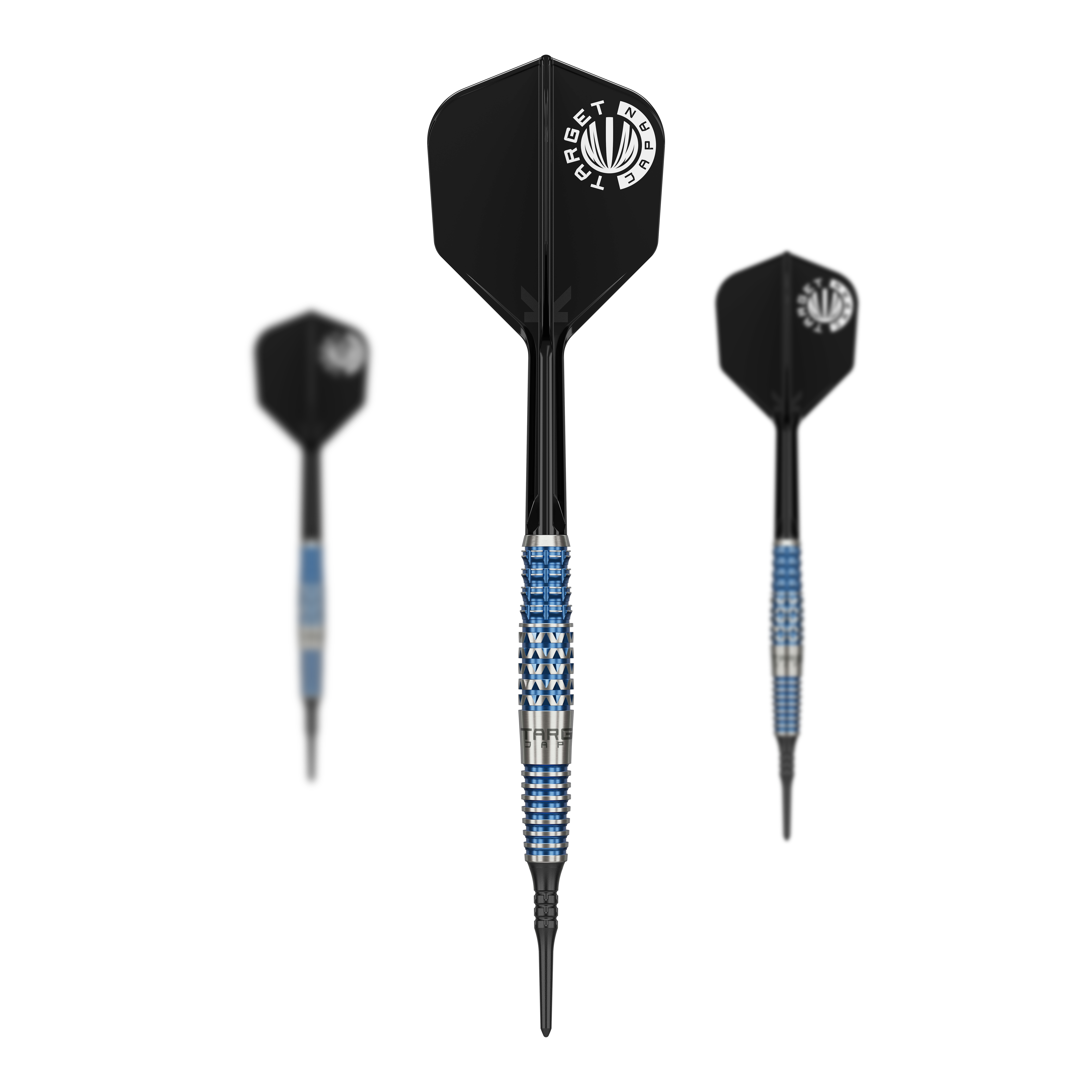 Das Bild zeigt drei Softdarts des Modells "Target Japan Toru Suzuki Sereno GEN2 Softdarts - 20g". Die Darts haben schwarze Flights und ein blau-silbernes Griffstück.