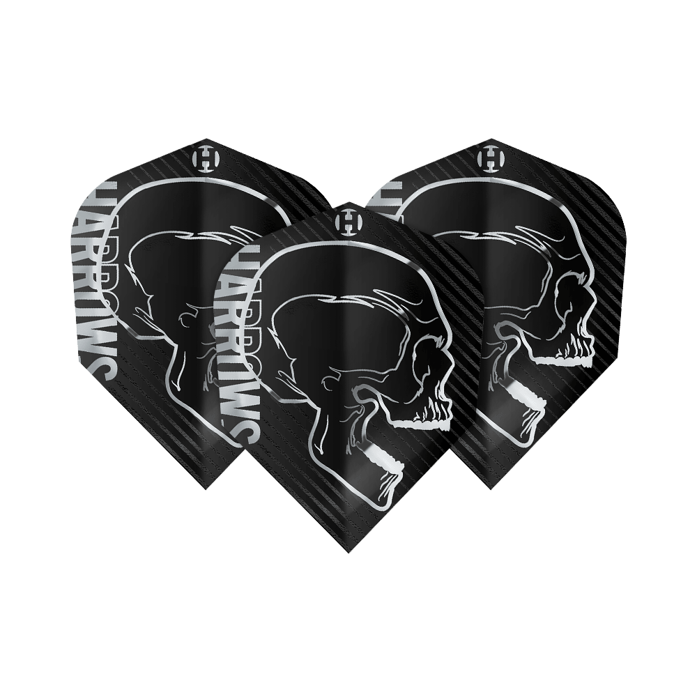 Harrows Rage Silver No6 Flights Das Bild zeigt drei schwarze Dart Flights mit einem weißen Totenkopf-Design und dem Schriftzug "Harrows". Es handelt sich um das Produkt "Harrows Rage Silver No6 Flights".