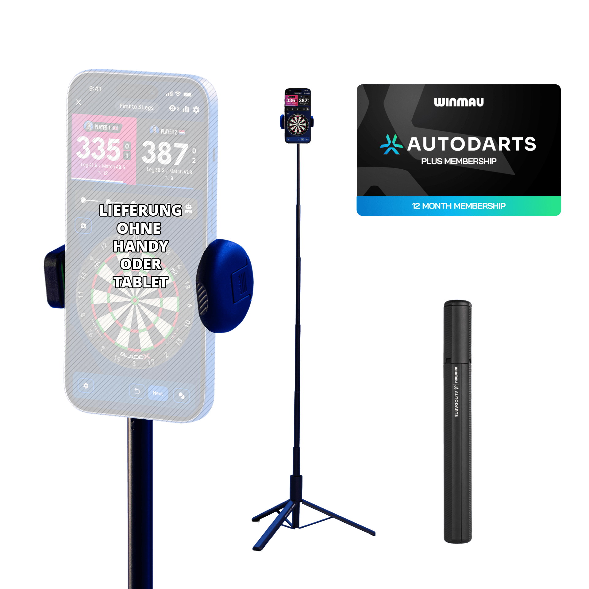 Stojak na urządzenie Winmau Autodarts i 12-miesięczny pakiet członkostwa Zu sehen ist das Winmau Device Stand & 12 Monate Membership Bundle. Das Set umfasst einen stabilen Geräteständer und eine 12-monatige Mitgliedschaft.