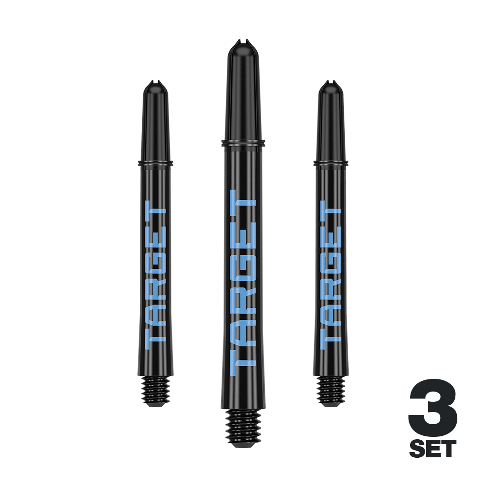 Wałki Target Pro Grip TAG – 3 zestawy – czarno-niebieskie Das Bild zeigt drei schwarze Dartschäfte mit blauer "TARGET"-Aufschrift. In der rechten unteren Ecke steht "3 SET".