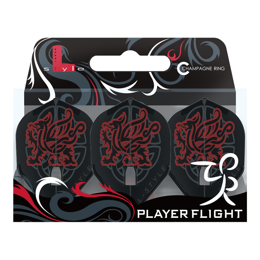 L-Style Jim Williams V2 L1PRO Flights Das Bild zeigt die L-Style Jim Williams V2 L1PRO Flights, die in einer Verpackung mit drei Flights präsentiert werden. Die Flights sind schwarz mit einem roten, stilisierten Löwen-Design darauf.