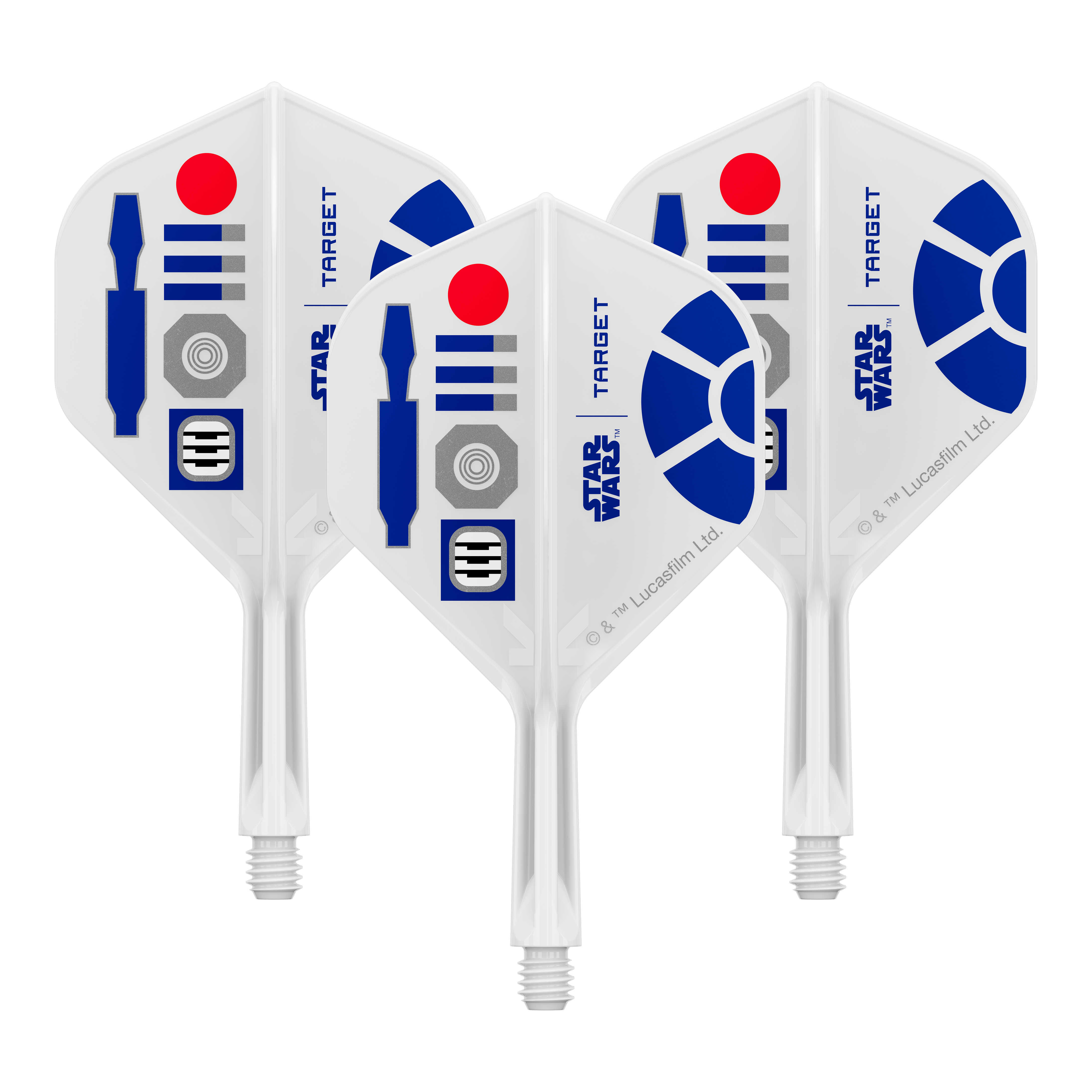 Bild eines Dart-Zubehörteils, vermutlich Dart Flights. Das Produkt ist anhand des Dateinamens als Target Star Wars KFlex R2D2 No2 Standard Flights Short 19mm erkennbar.