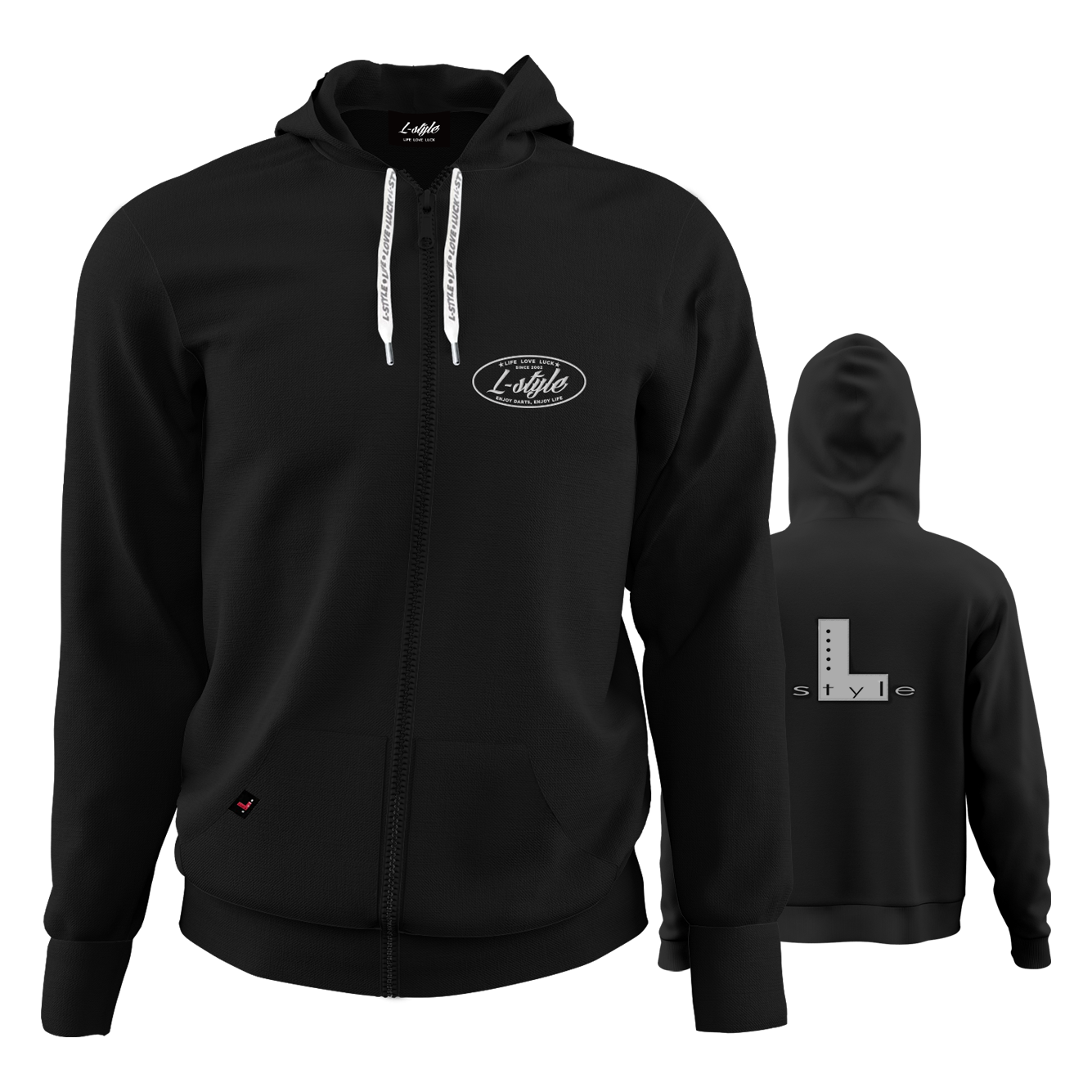 Bluza z kapturem w stylu L - czarna Der "L-Style Hoodie - Schwarz" ist ein schwarzer Kapuzenpulli mit Reißverschluss und weißen Kordeln. Auf der Vorderseite befindet sich ein kleines "L-Style"-Logo, während auf der Rückseite ein großes "L style"-Design zu sehen ist.