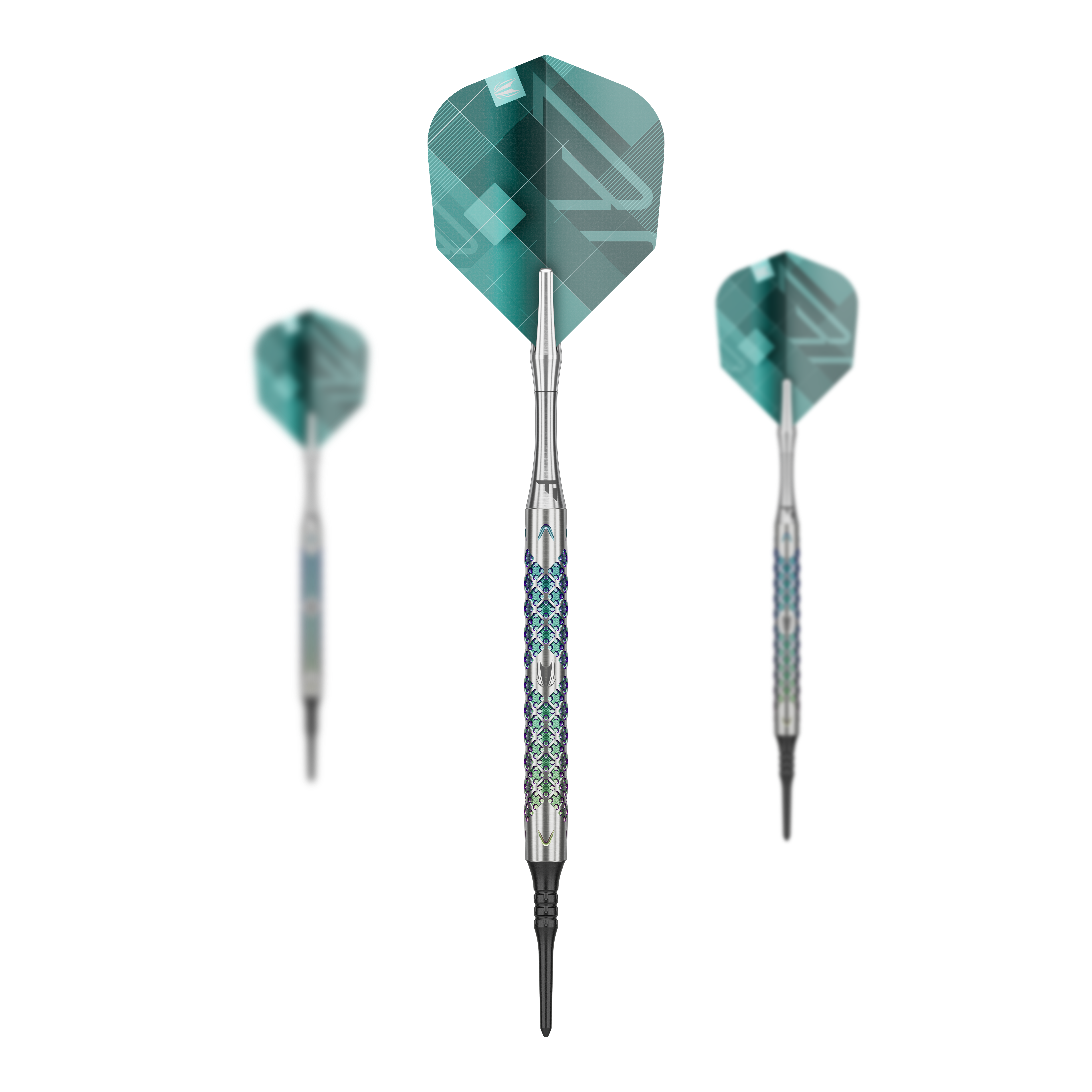 Target Rove 10 miękkich rzutek Das Set Target Rove 10 Softdarts zeigt mehrere Darts zusammen. Die Produkte sind gleichmäßig angeordnet.