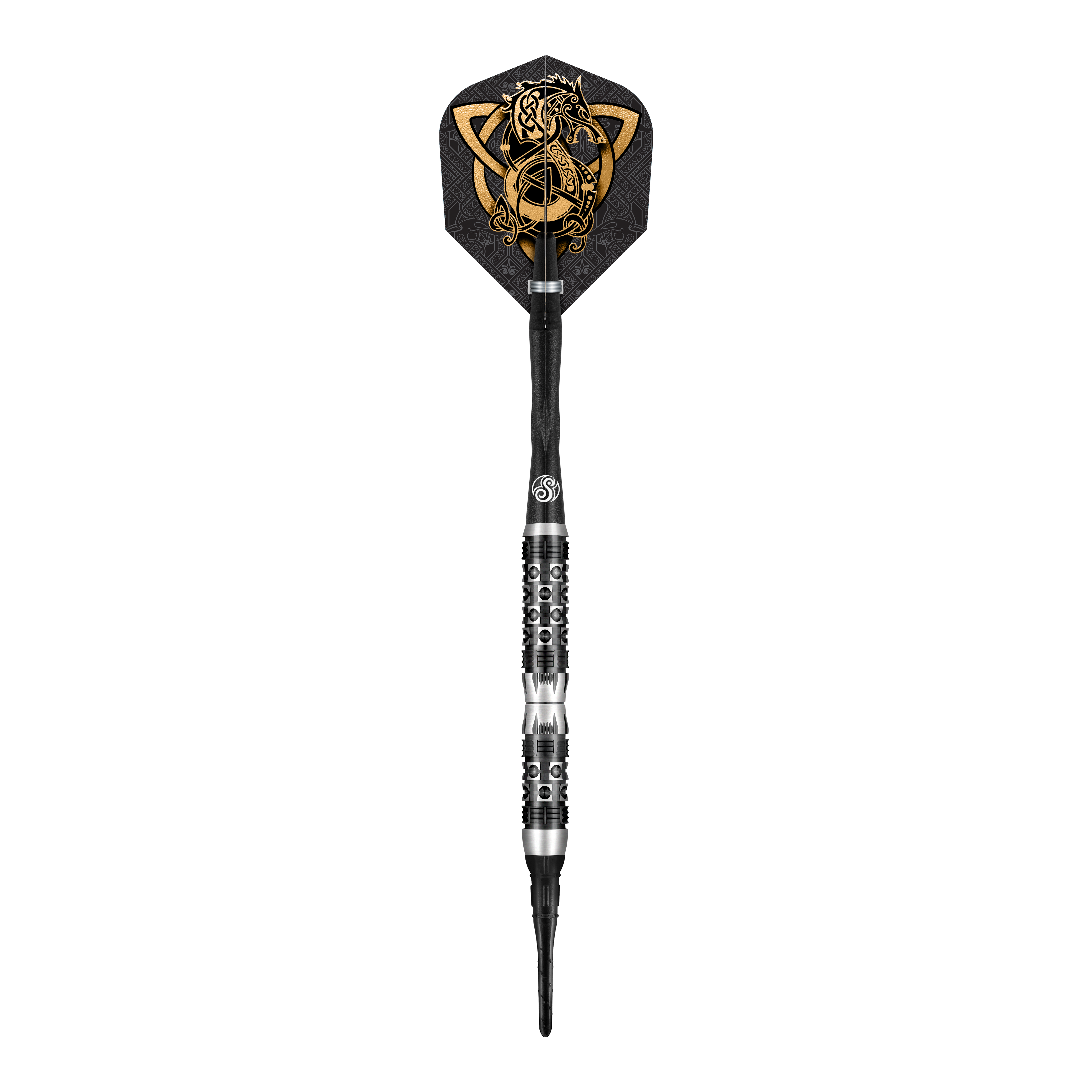 Miękkie lotki Shot Viking Wolf - 20g Dies ist ein Softdart namens "Shot Viking Wolf Softdarts - 20g". Der Dartpfeil hat ein auffälliges schwarzes und silbernes Design mit einem goldenen Wikinger-Wolf auf der Flights.