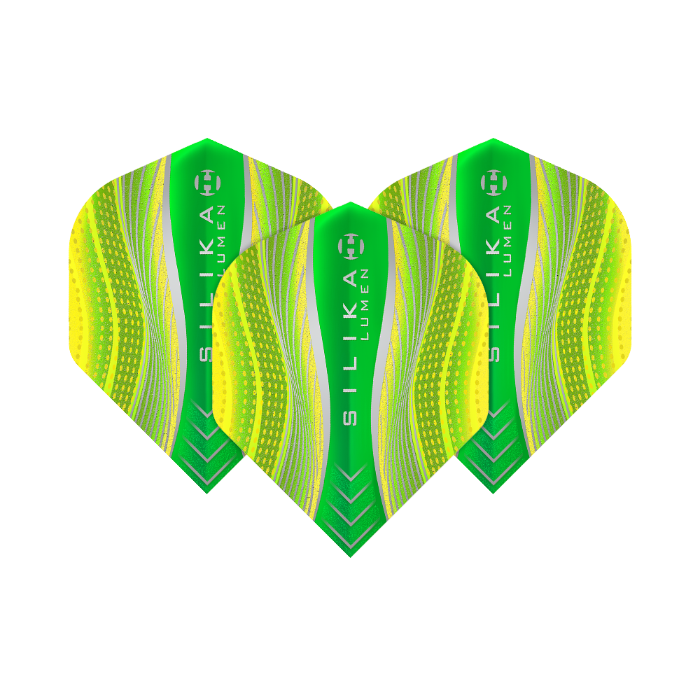 HR79_Harrows_Silika_Lumen_Yellow_No2_Standard_Flights_18NZkFnMYVnhmX Das Bild zeigt drei Harrows Silika Lumen Yellow No2 Standard Flights. Die Flights sind in leuchtenden Grün- und Gelbtönen mit modernen Mustern gestaltet.