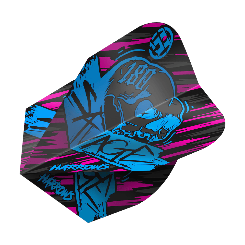 Loty Harrow's Savage Aqua Pink nr 6 Das Bild zeigt das Produkt "Harrows Savage Aqua Pink No6 Flights". Das Design ist auffällig mit schwarzen, pinken und blauen Farben sowie einem Totenkopf-Motiv.