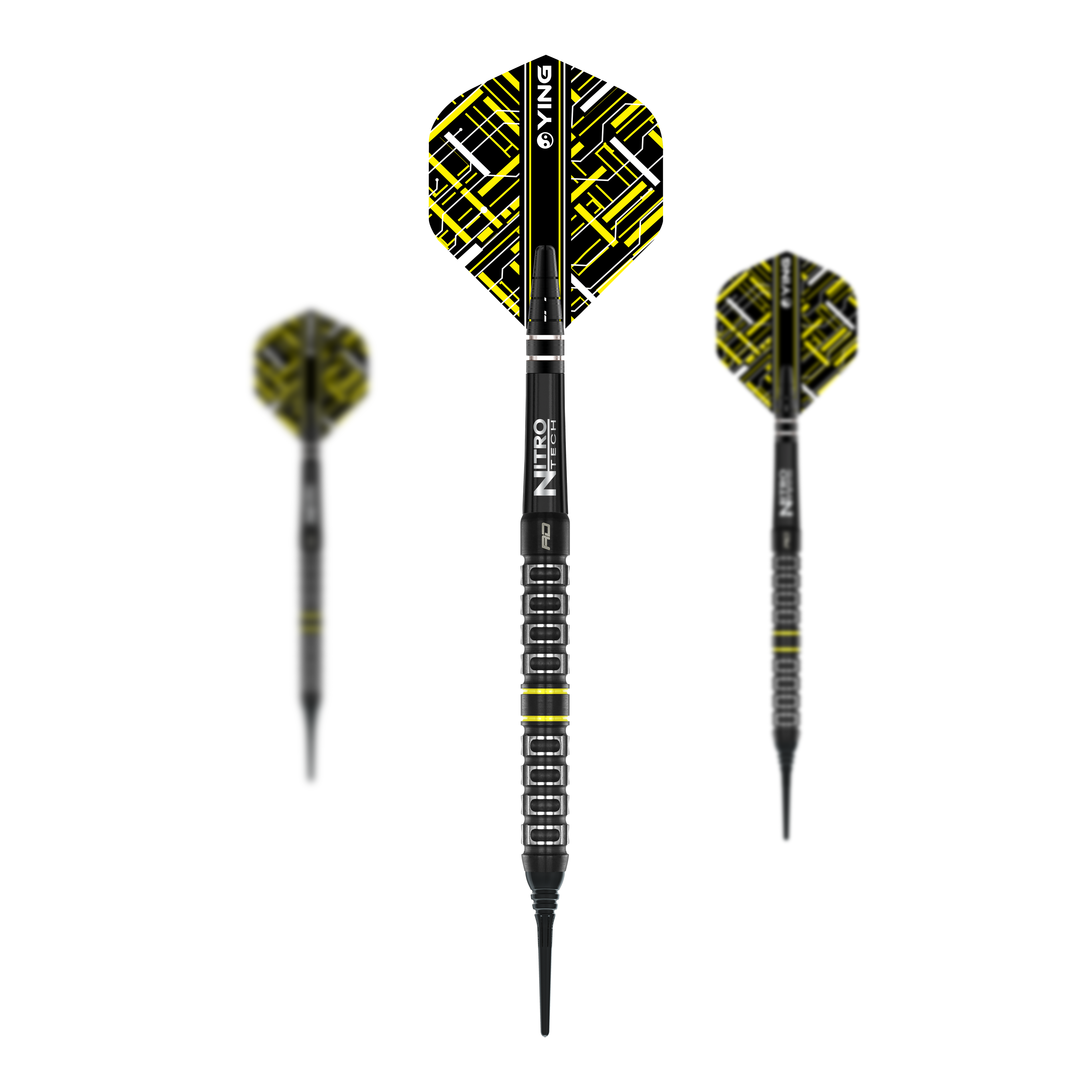 Softdarts Parallel Red Dragon Astraeus Q4X - 20g Das Bild zeigt drei Softdarts des Modells "Red Dragon Astraeus Q4X Parallel" mit einem Gewicht von 20g. Die Darts haben ein auffälliges schwarz-gelbes Design mit geometrischem Muster auf den Flights.